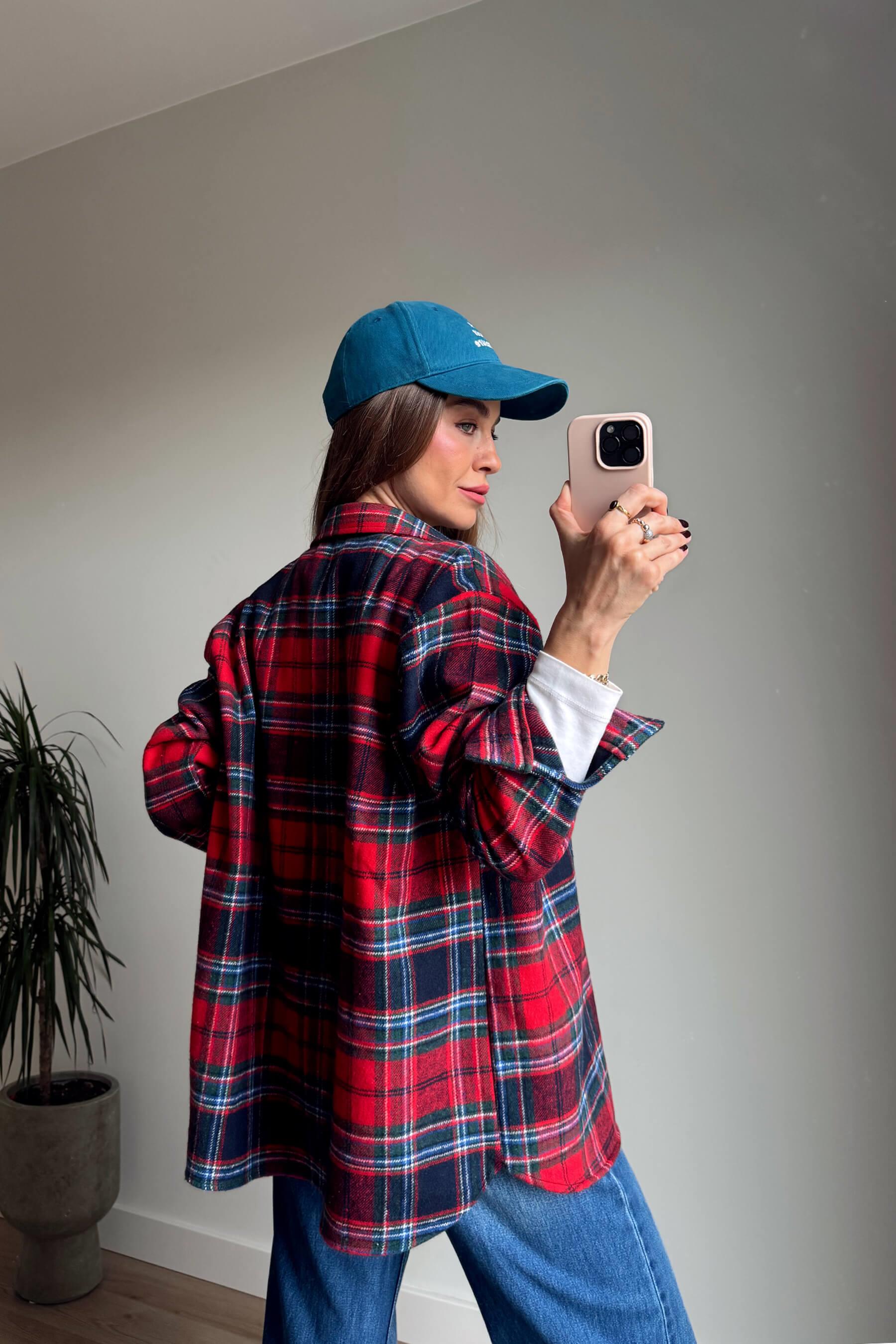 Kırmızı Lacivert Ekoseli Oversize Oduncu Gömlek