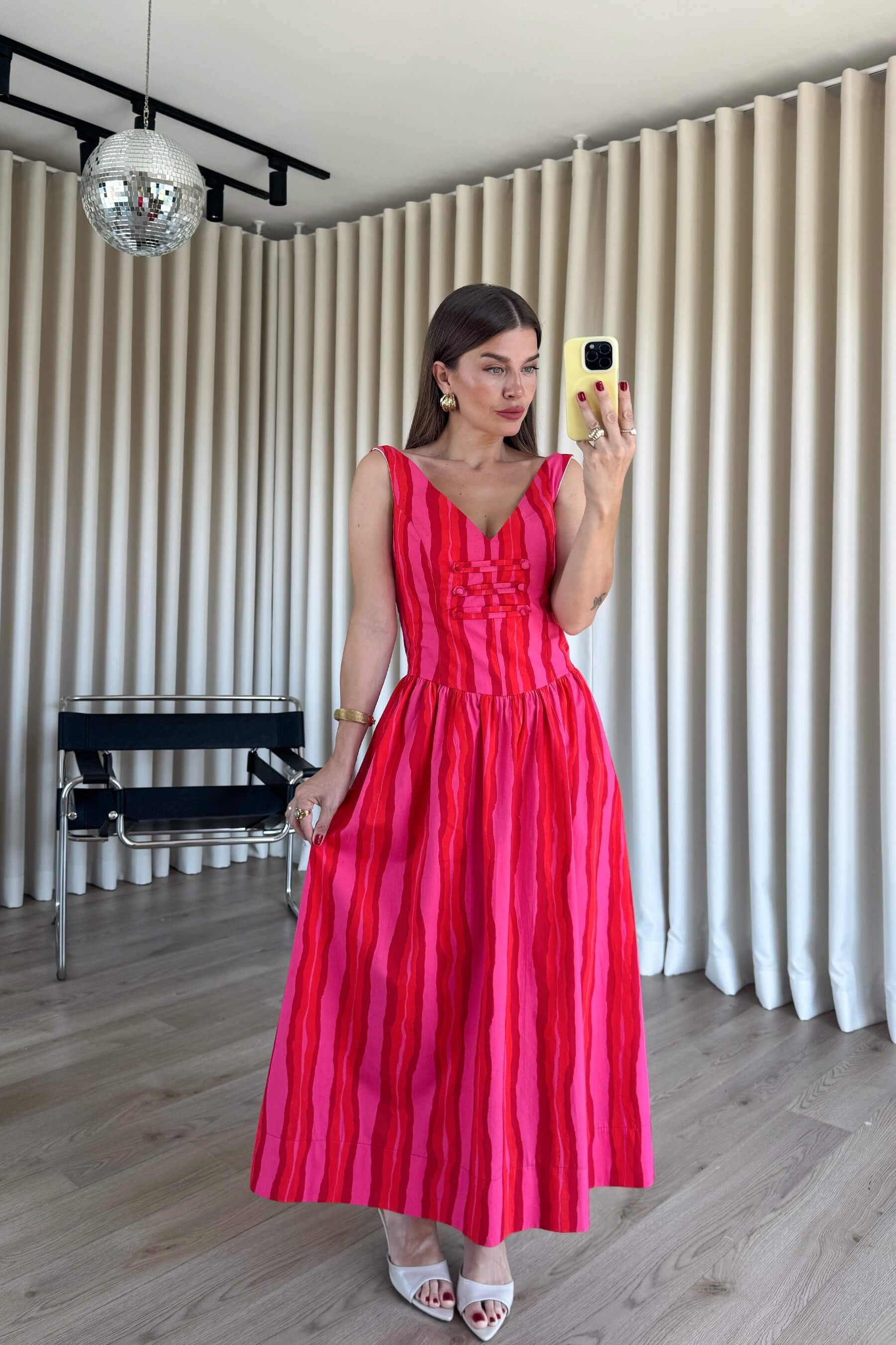 Kırmızı Pembe Şerit Detaylı Kalın Askılı Poplin Elbise