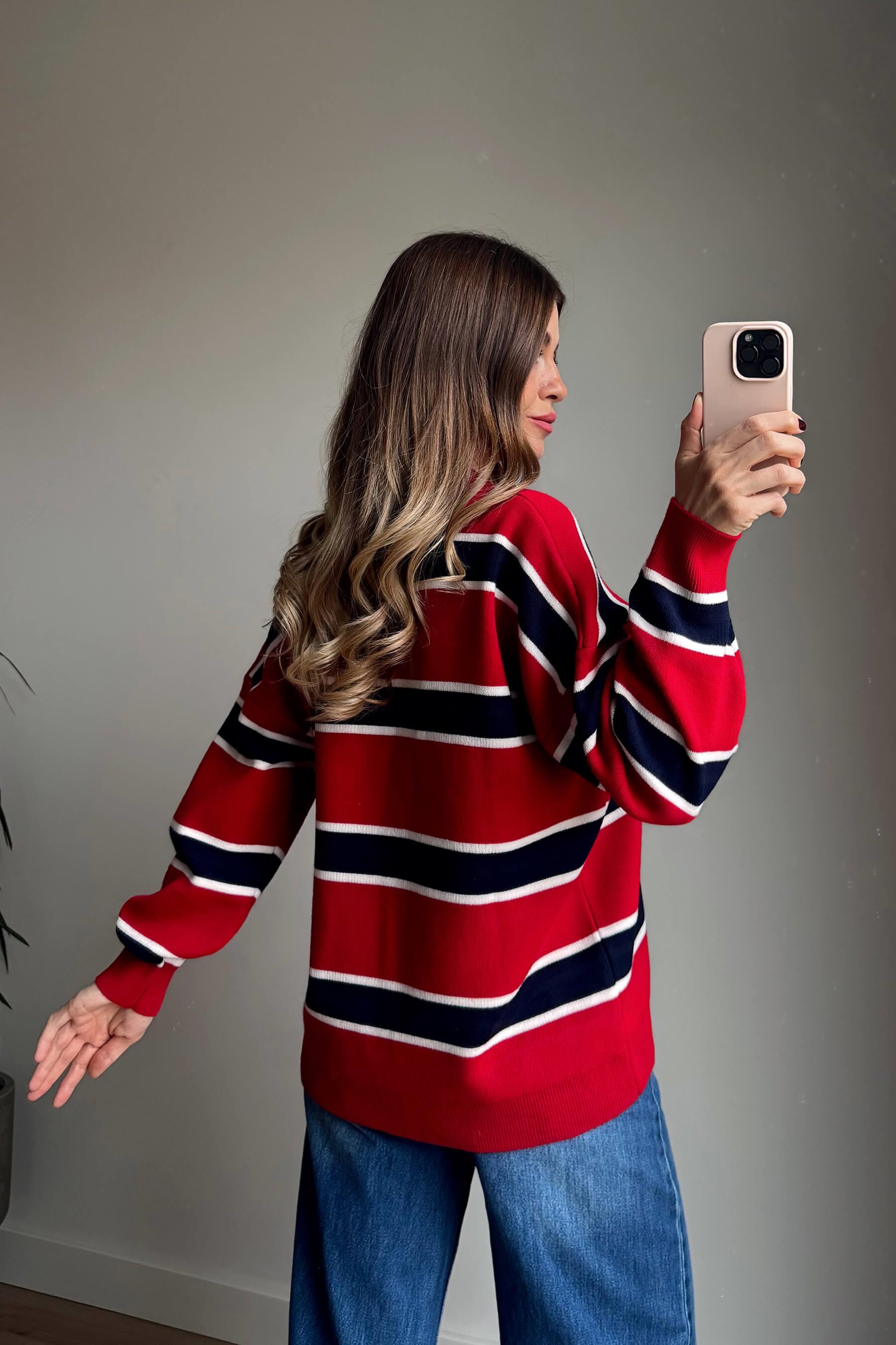 Kırmızı Polo Yaka Lacivert Çizgili Oversize Kazak