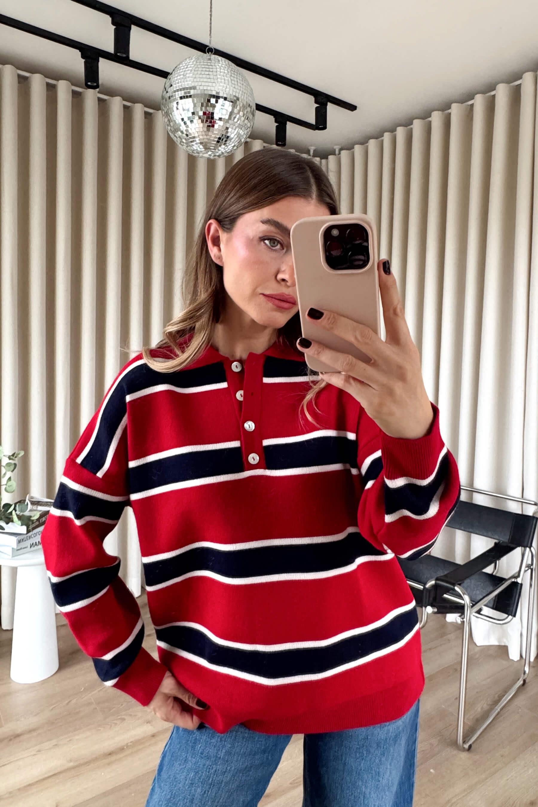 Kırmızı Polo Yaka Lacivert Çizgili Oversize Kazak