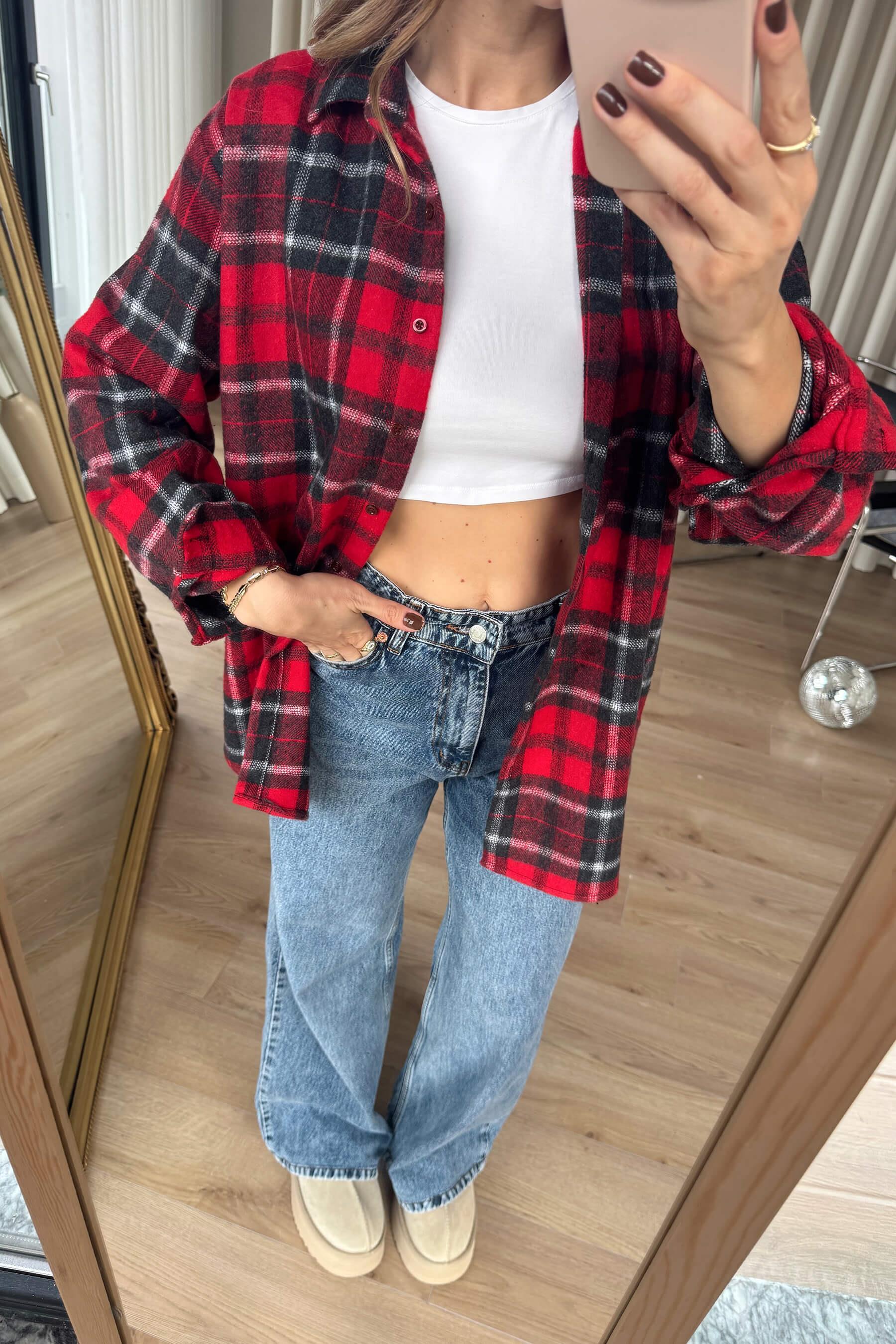 Kırmızı Siyah Ekoseli Oversize Oduncu Gömlek
