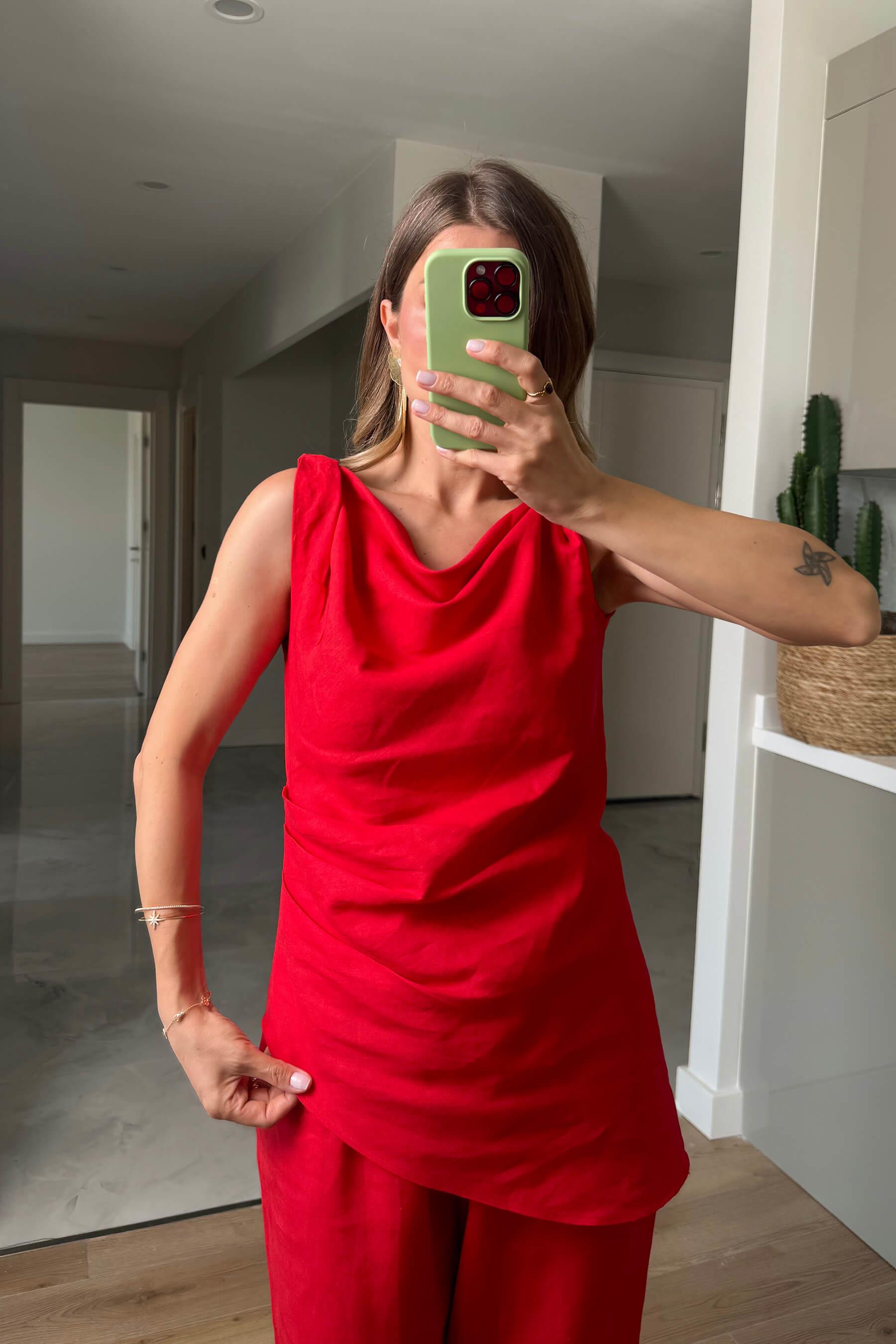 Kırmızı Vatkalı Kolsuz Asimetrik Kesim Ham Keten Bluz Pantolon Takım