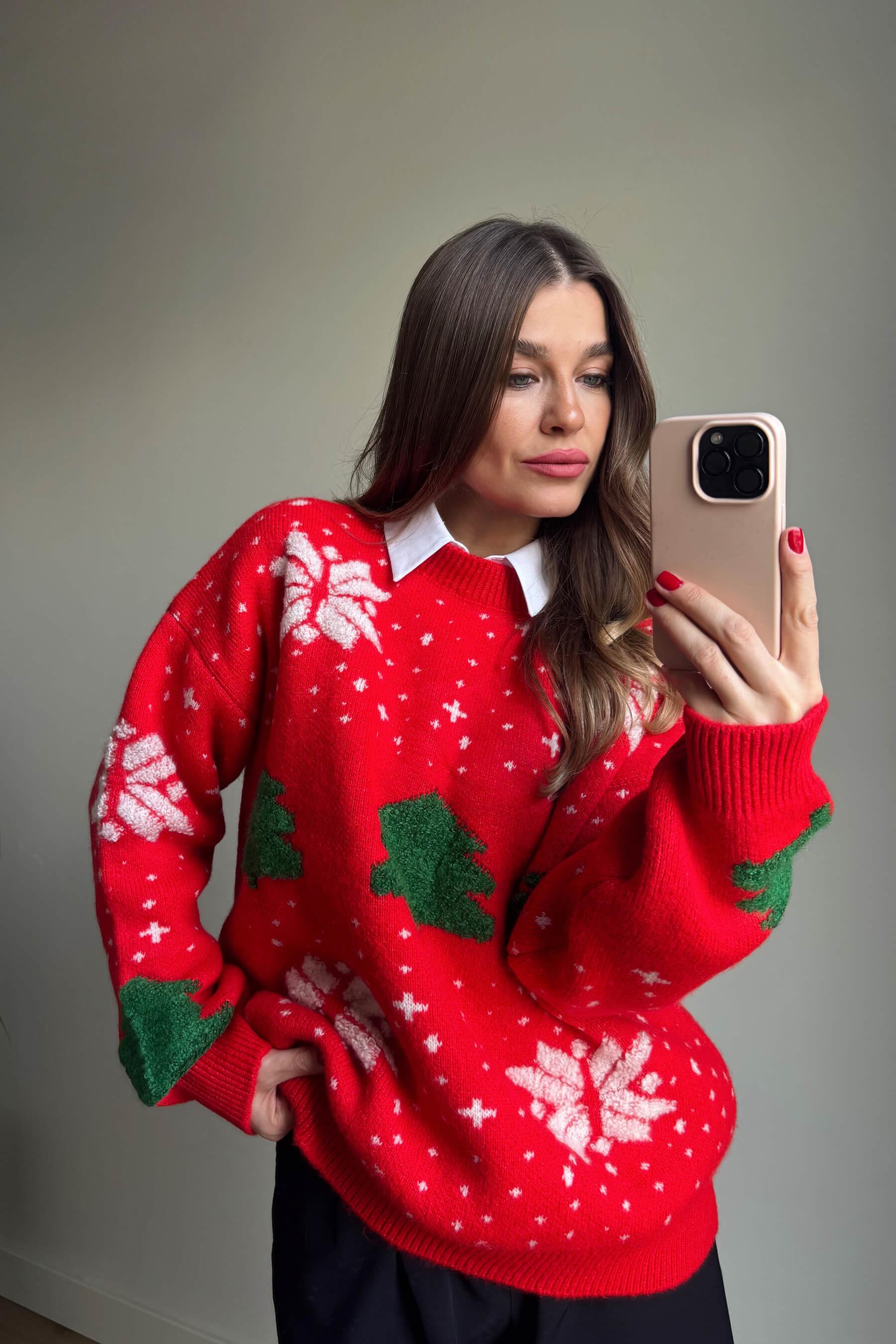 Kırmızı Yeşil Çam Ağaçlı Triko Kazak