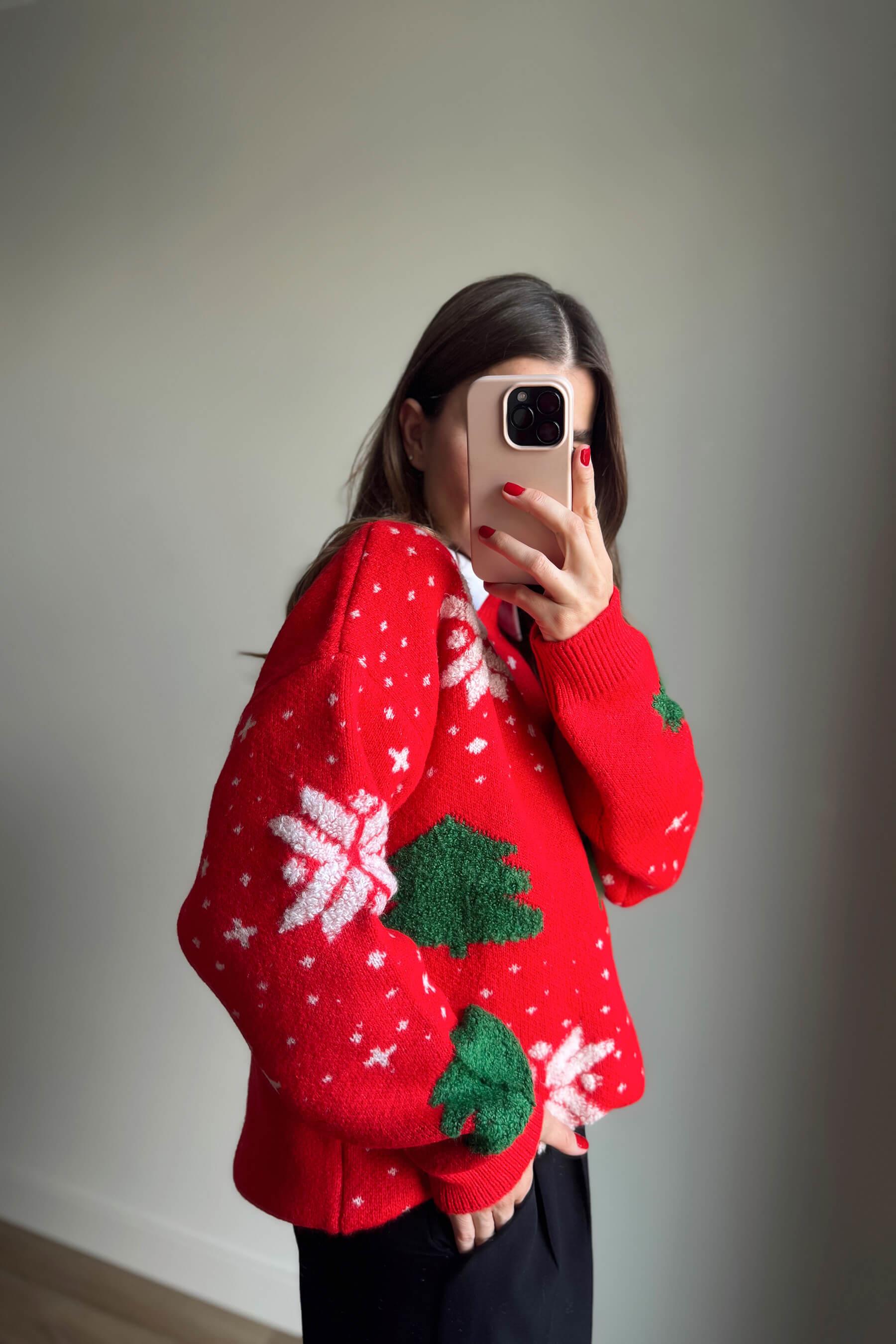 Kırmızı Yeşil Çam Ağaçlı Triko Kazak