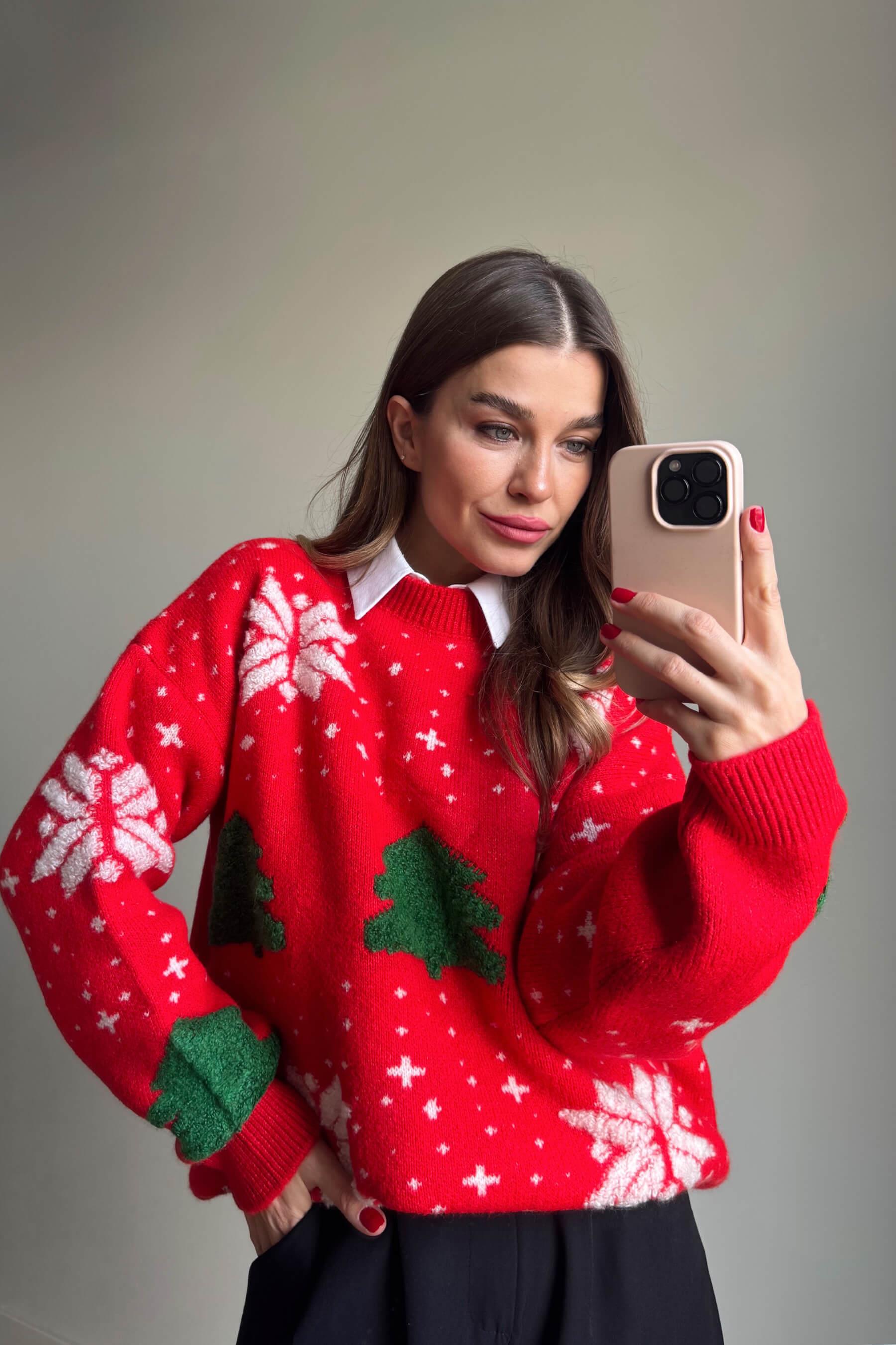 Kırmızı Yeşil Çam Ağaçlı Triko Kazak