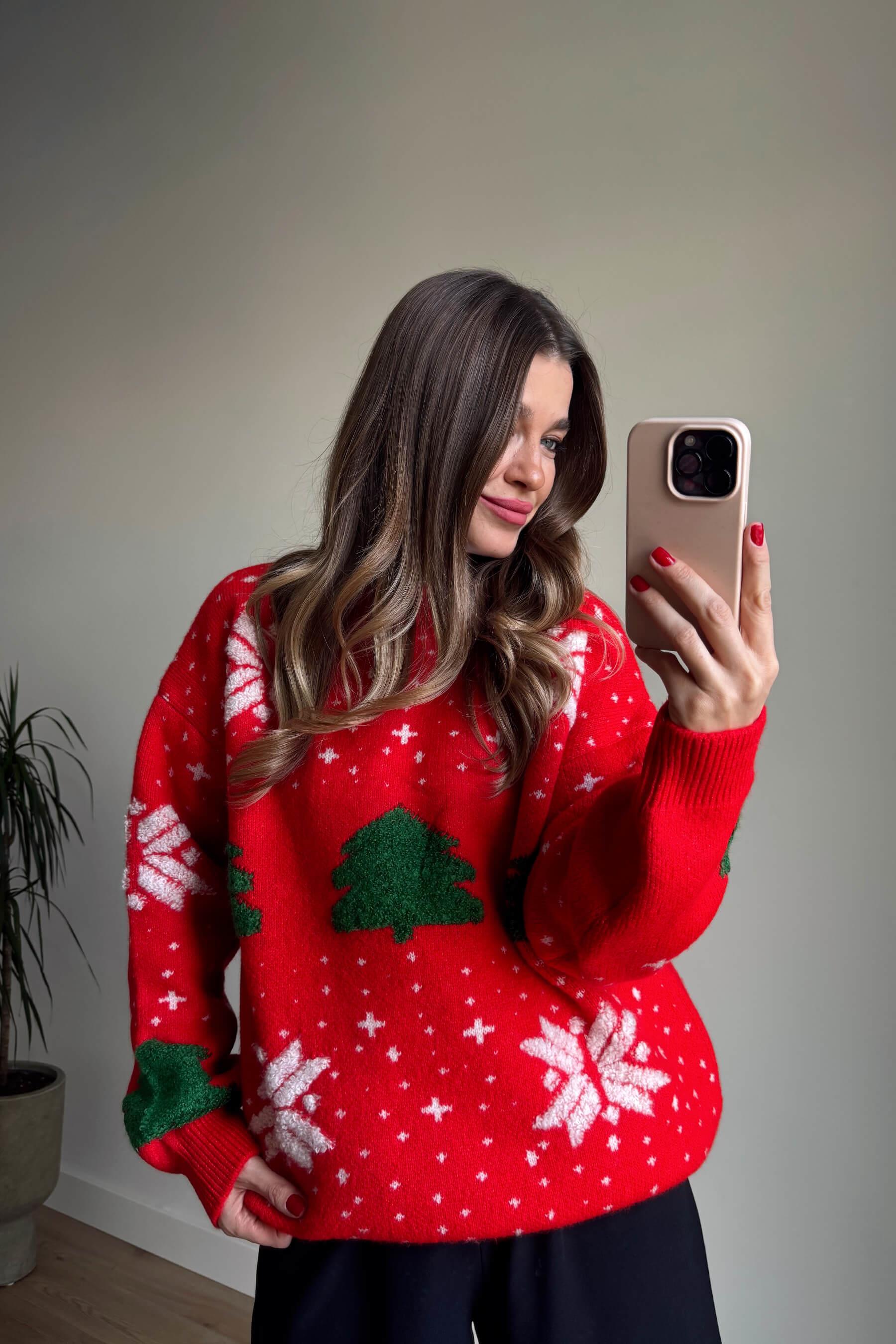 Kırmızı Yeşil Çam Ağaçlı Triko Kazak