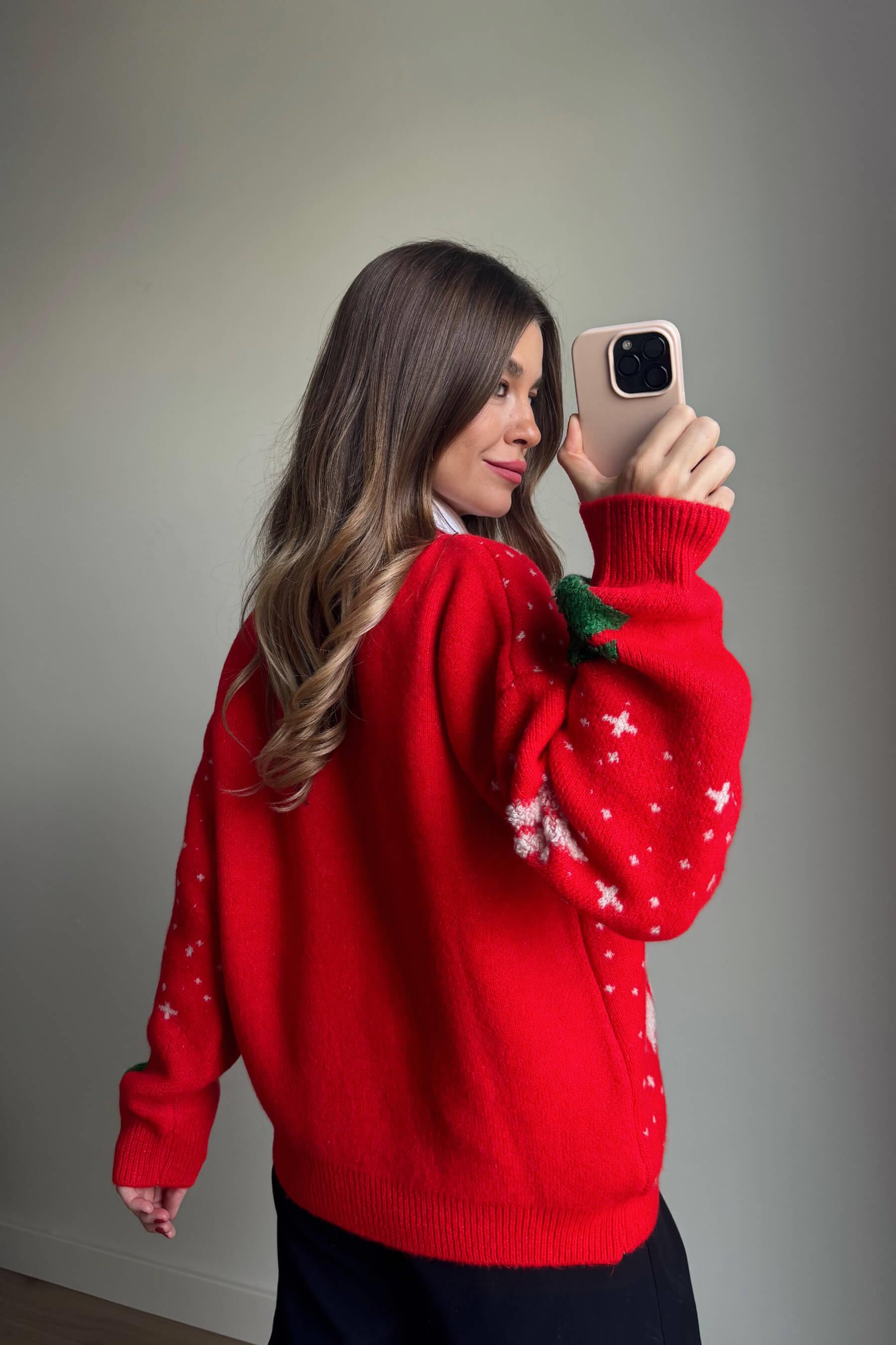 Kırmızı Yeşil Çam Ağaçlı Triko Kazak