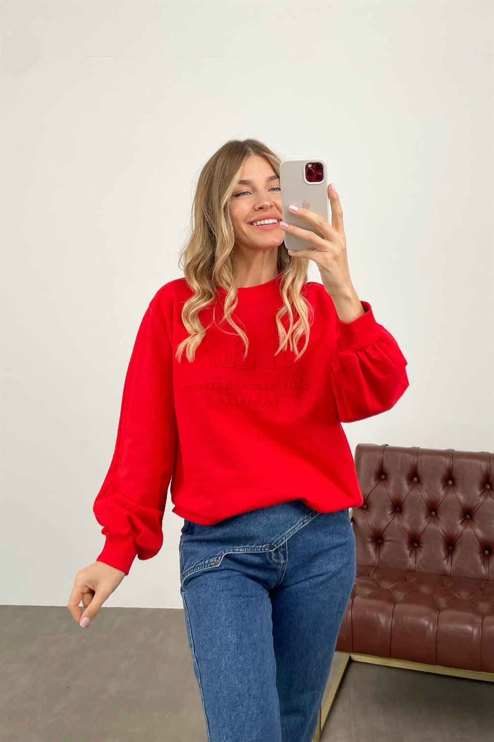 Kızmızı Uzun Kollu Bisiklet Yaka Sweatshirt
