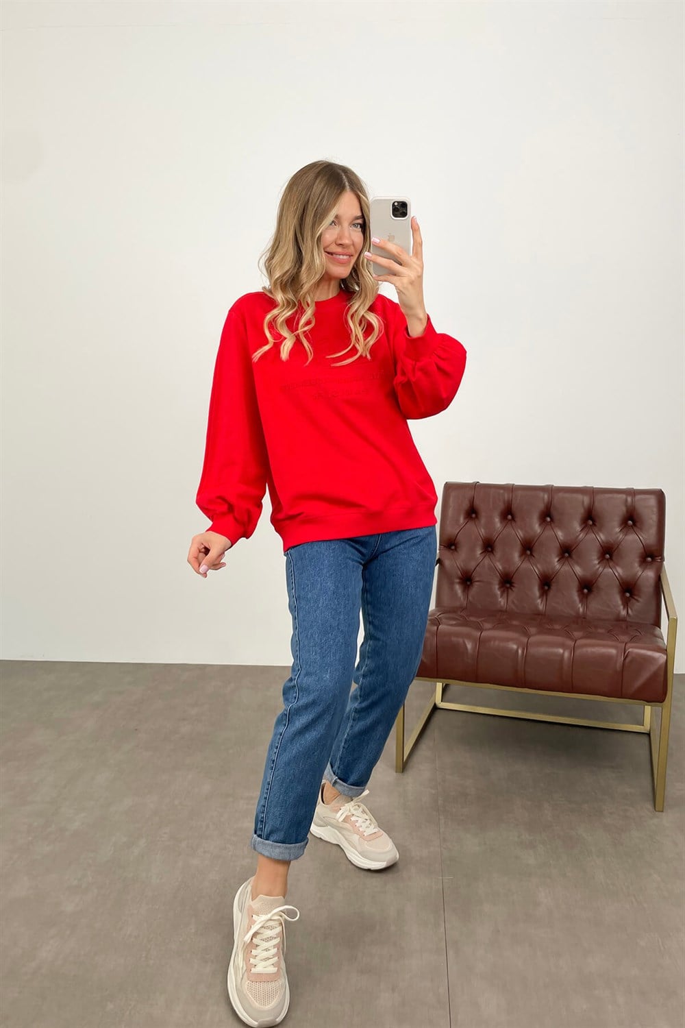 Kızmızı Uzun Kollu Bisiklet Yaka Sweatshirt