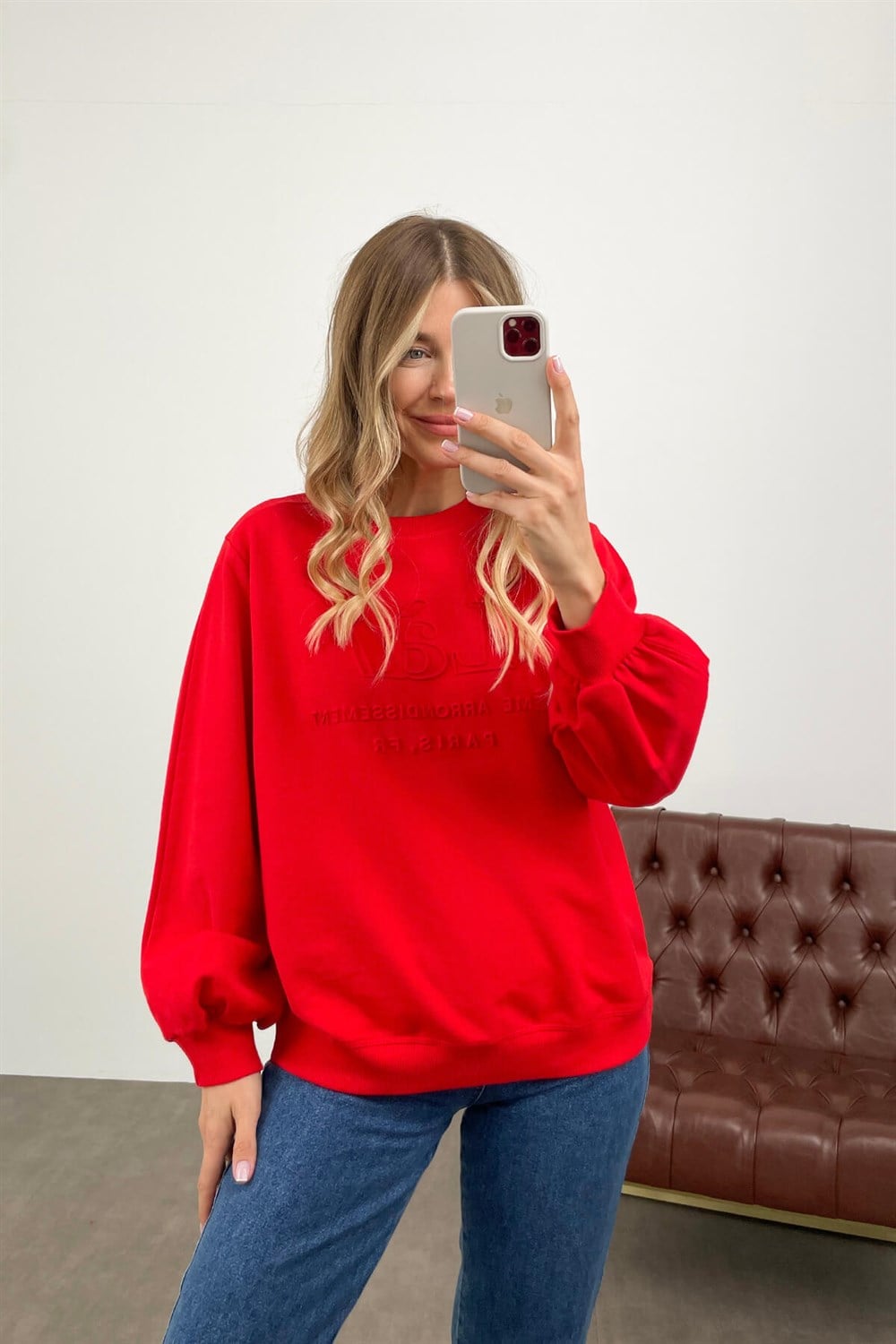 Kızmızı Uzun Kollu Bisiklet Yaka Sweatshirt