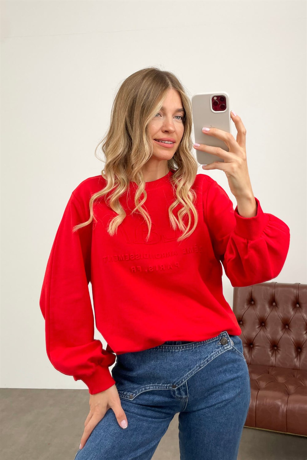 Kızmızı Uzun Kollu Bisiklet Yaka Sweatshirt