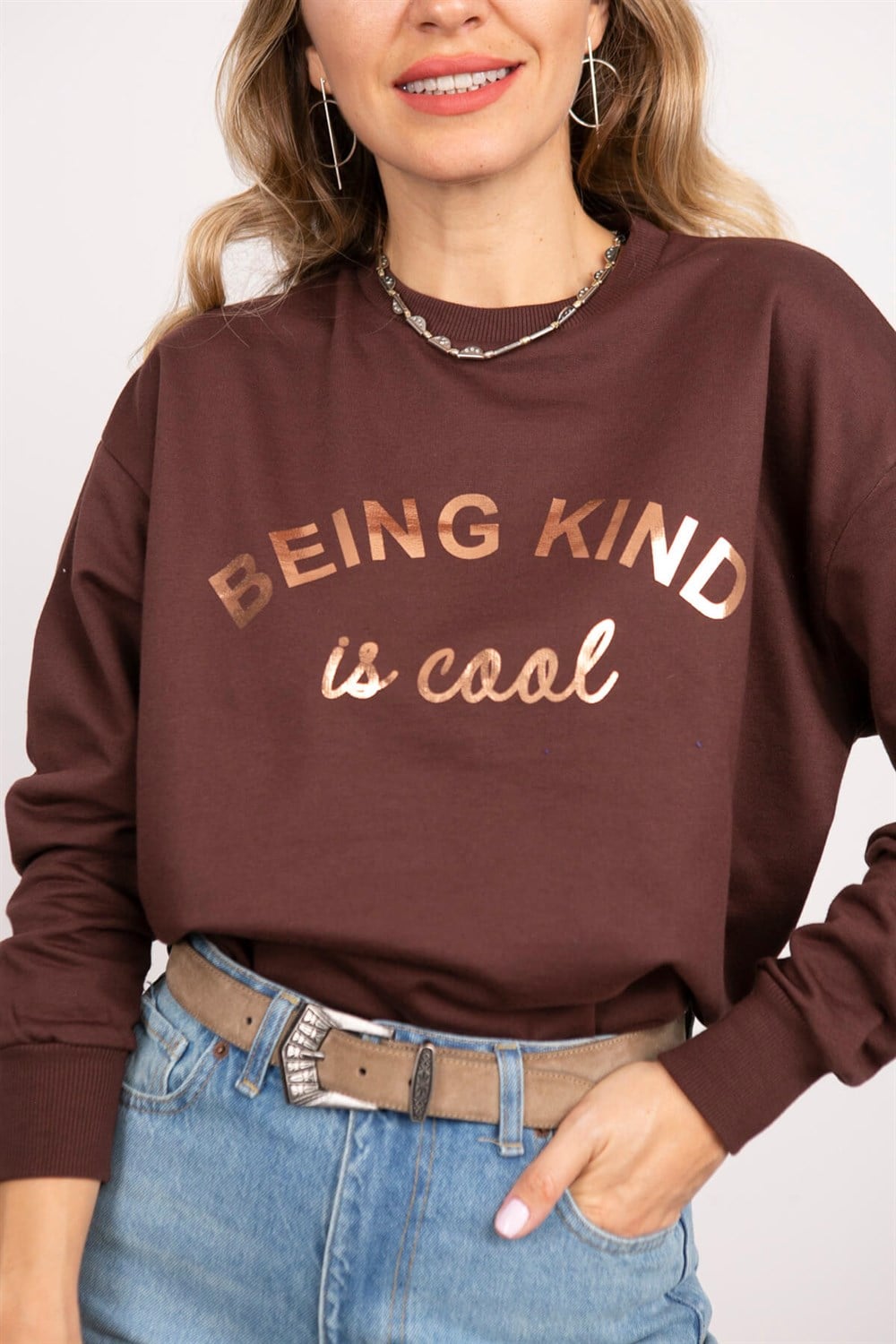 Koyu Kahve Bisiklet Yaka Oversize Sweatshirt