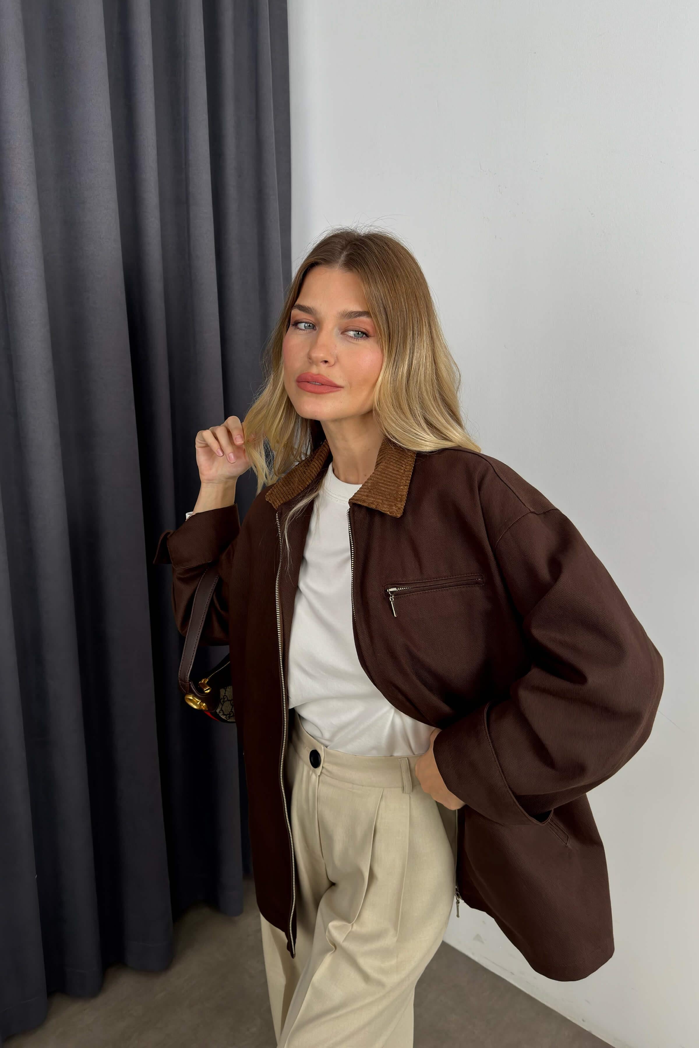 Koyu Kahve Kadife Yakalı Oversize Gabardin Ceket