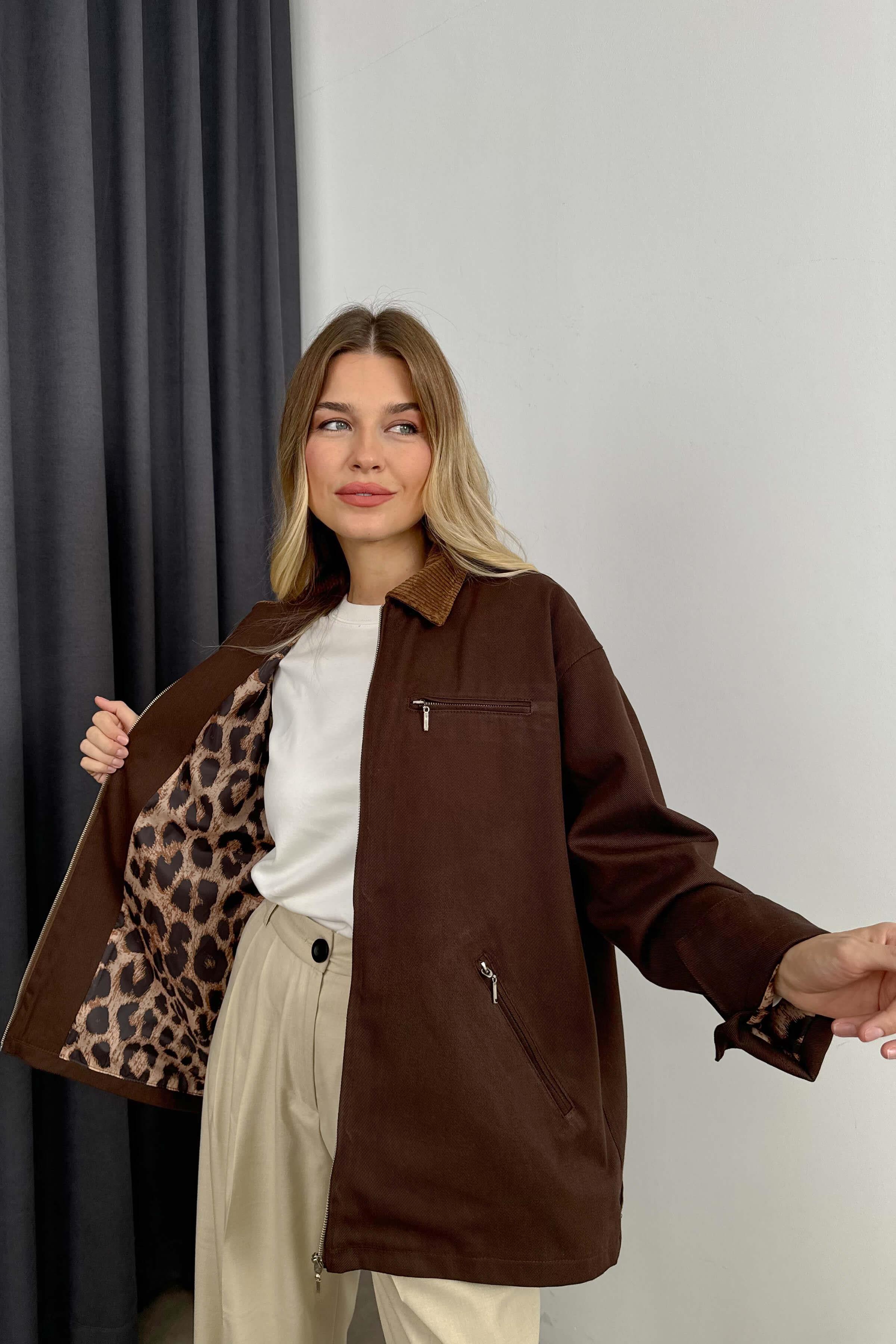 Koyu Kahve Kadife Yakalı Oversize Gabardin Ceket