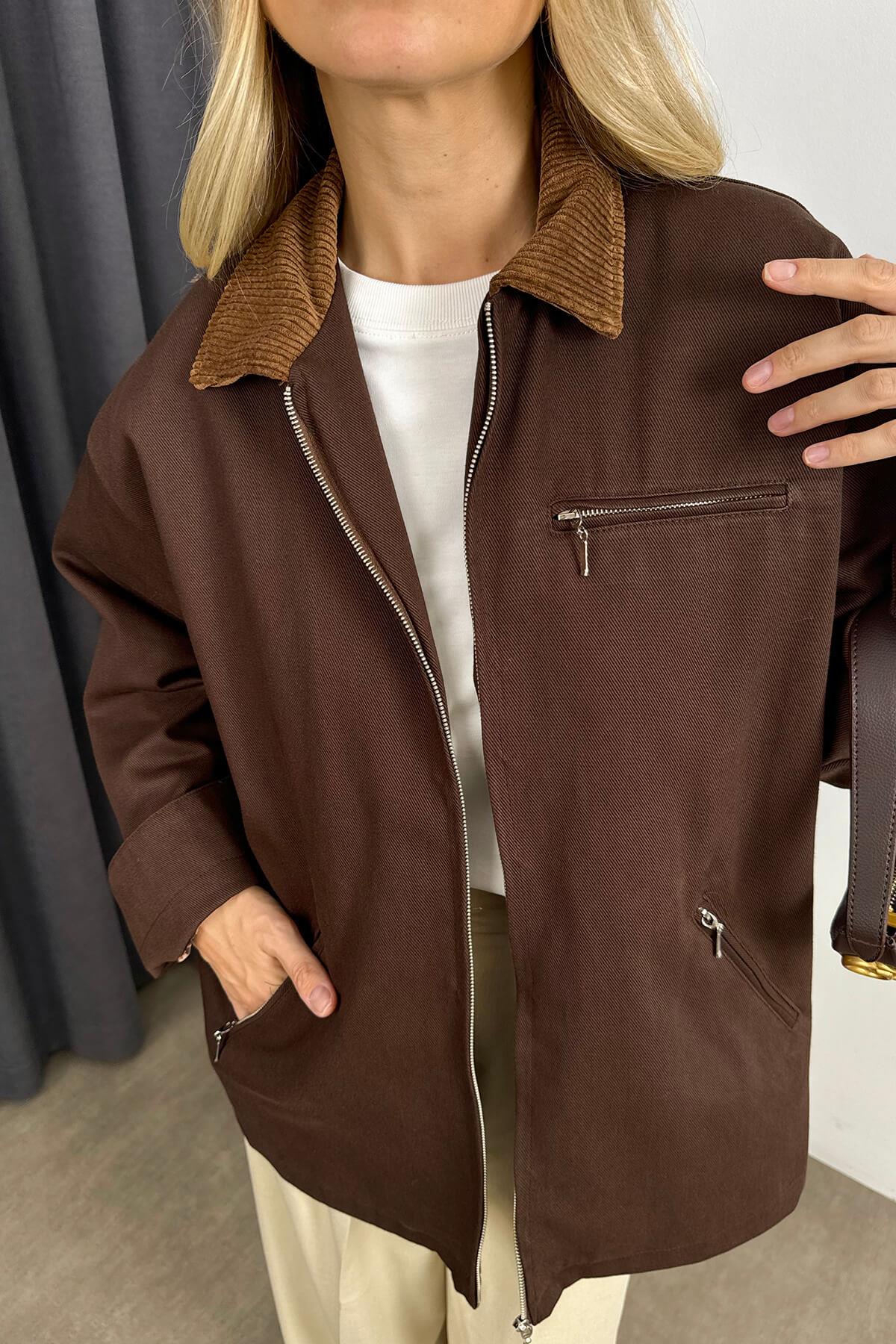 Koyu Kahve Kadife Yakalı Oversize Gabardin Ceket