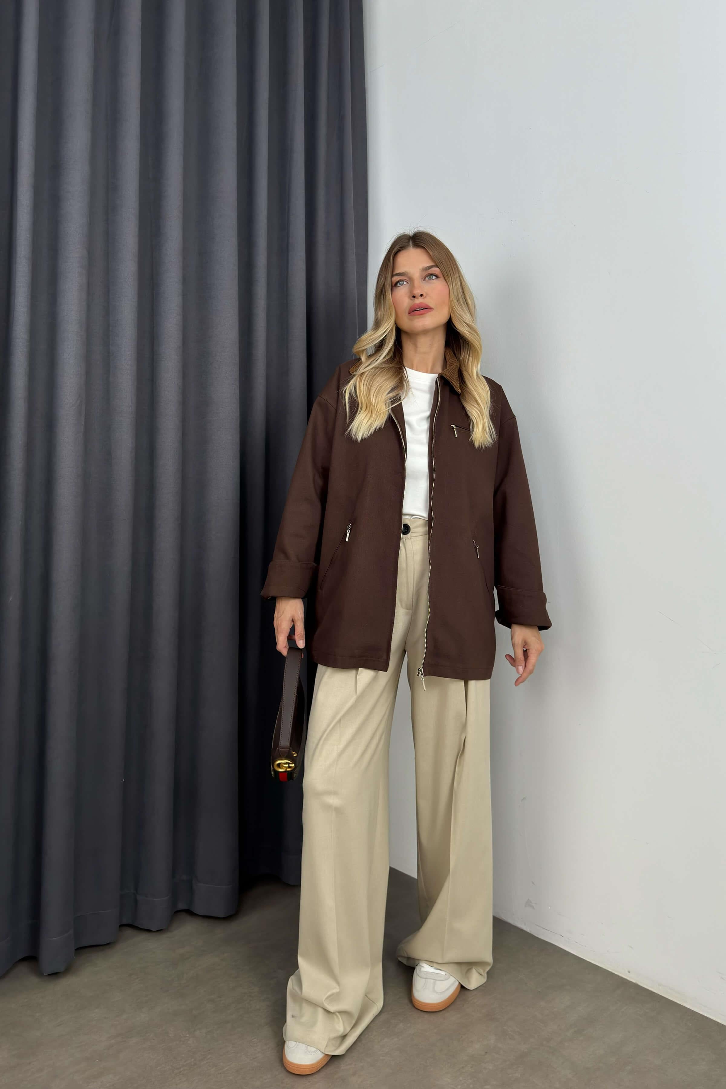 Koyu Kahve Kadife Yakalı Oversize Gabardin Ceket