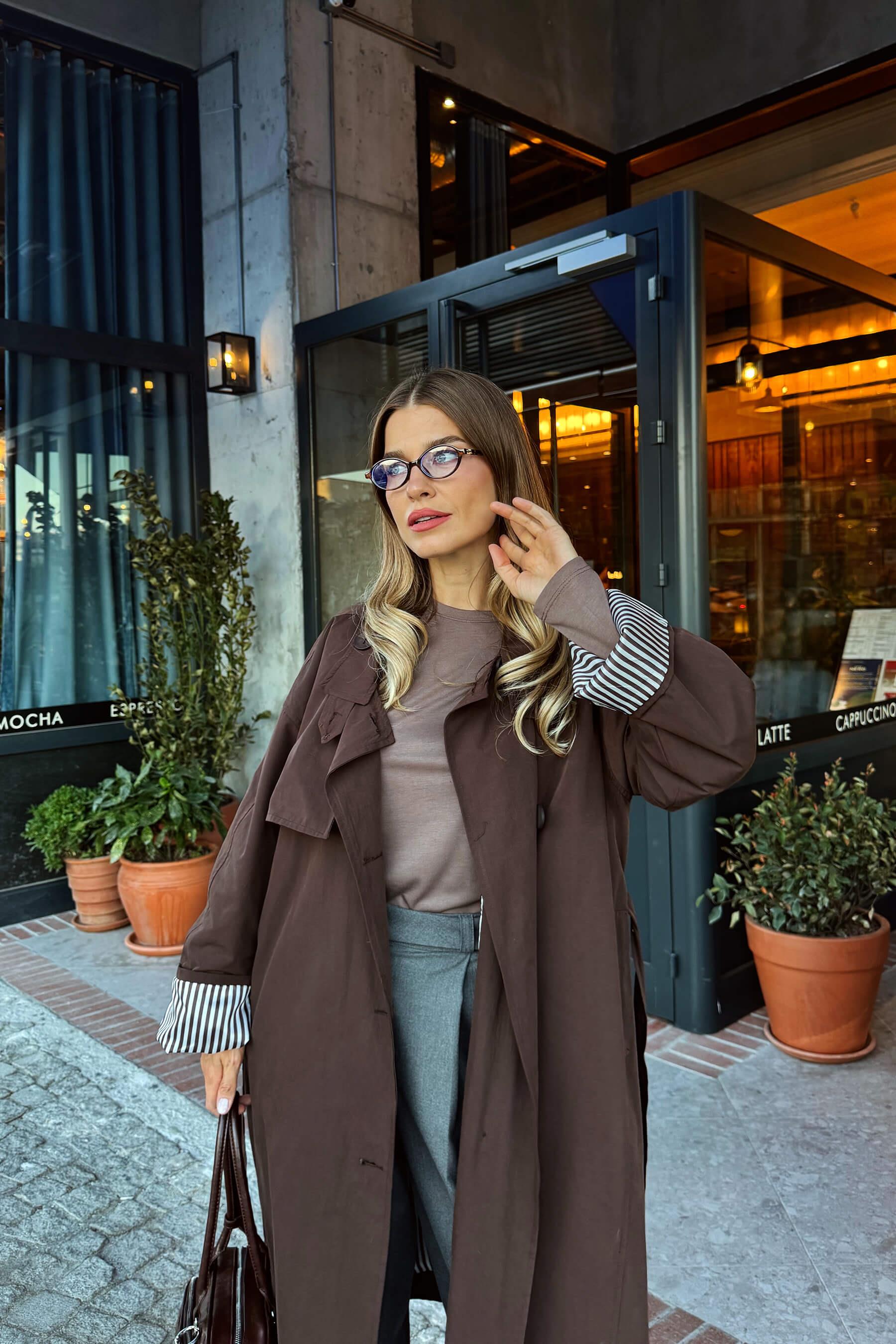 Koyu Kahve Kuşaklı Astarlı Maxi Boy Oversize Trençkot