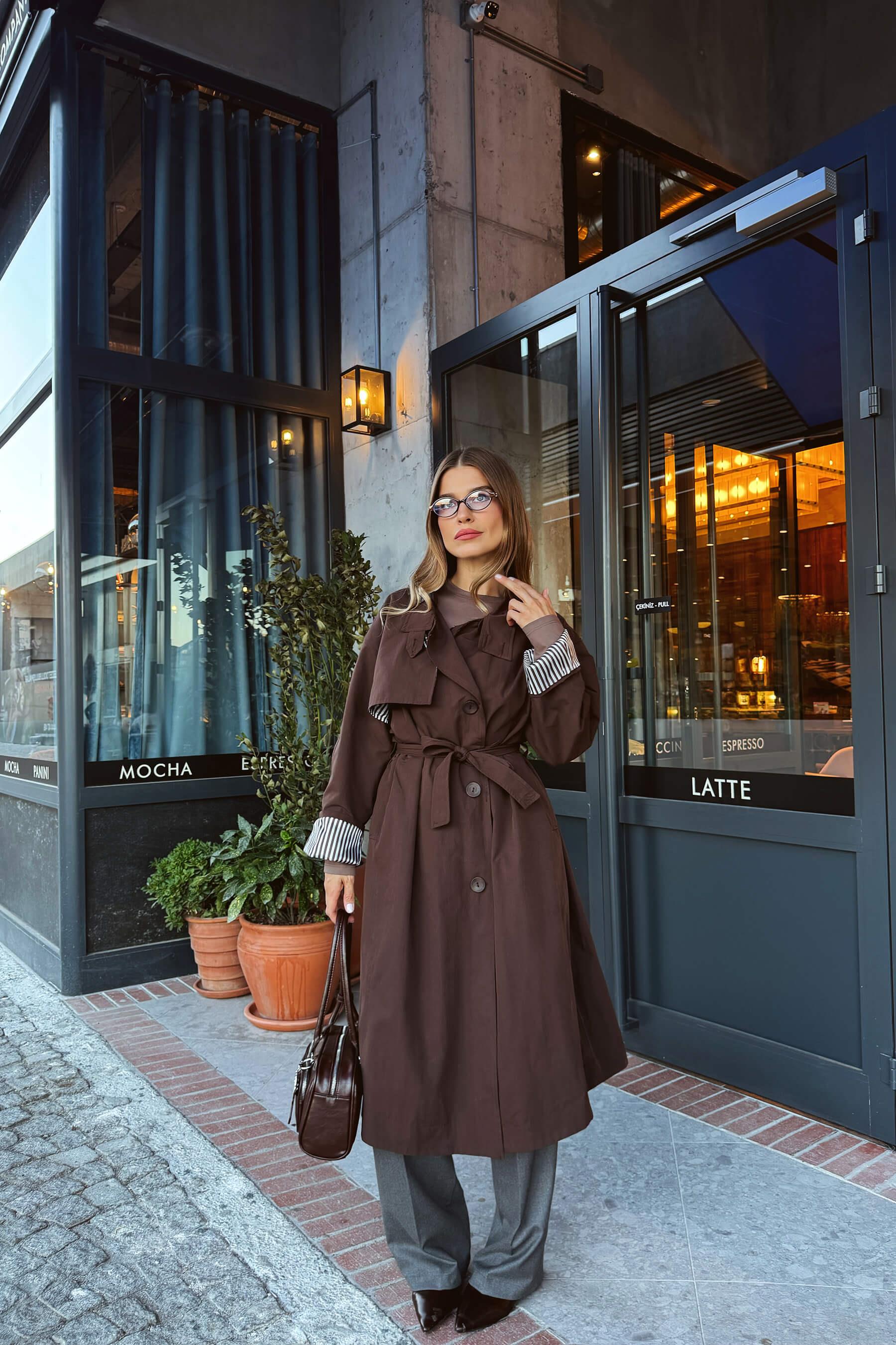 Koyu Kahve Kuşaklı Astarlı Maxi Boy Oversize Trençkot