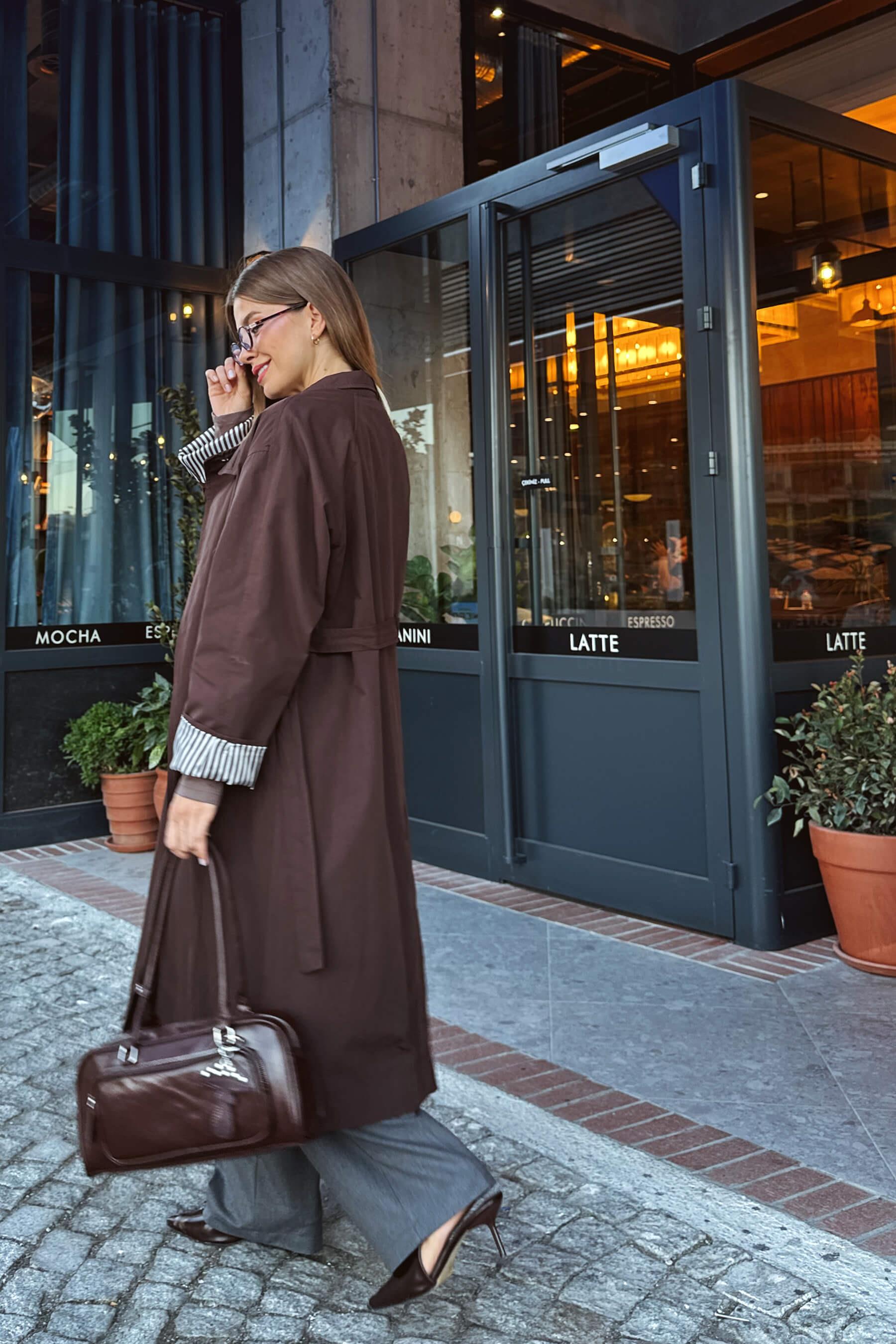 Koyu Kahve Kuşaklı Astarlı Maxi Boy Oversize Trençkot