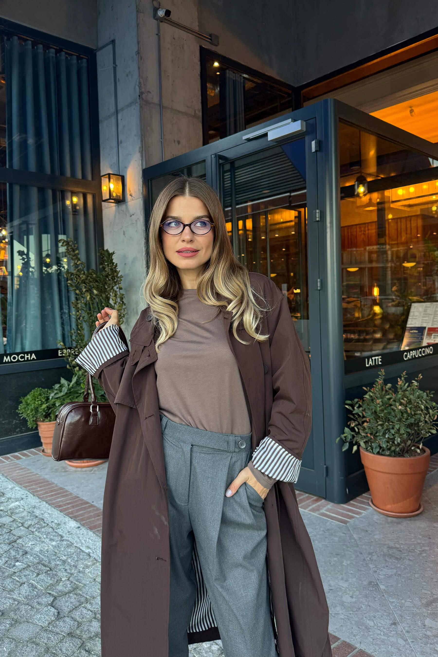 Koyu Kahve Kuşaklı Astarlı Maxi Boy Oversize Trençkot