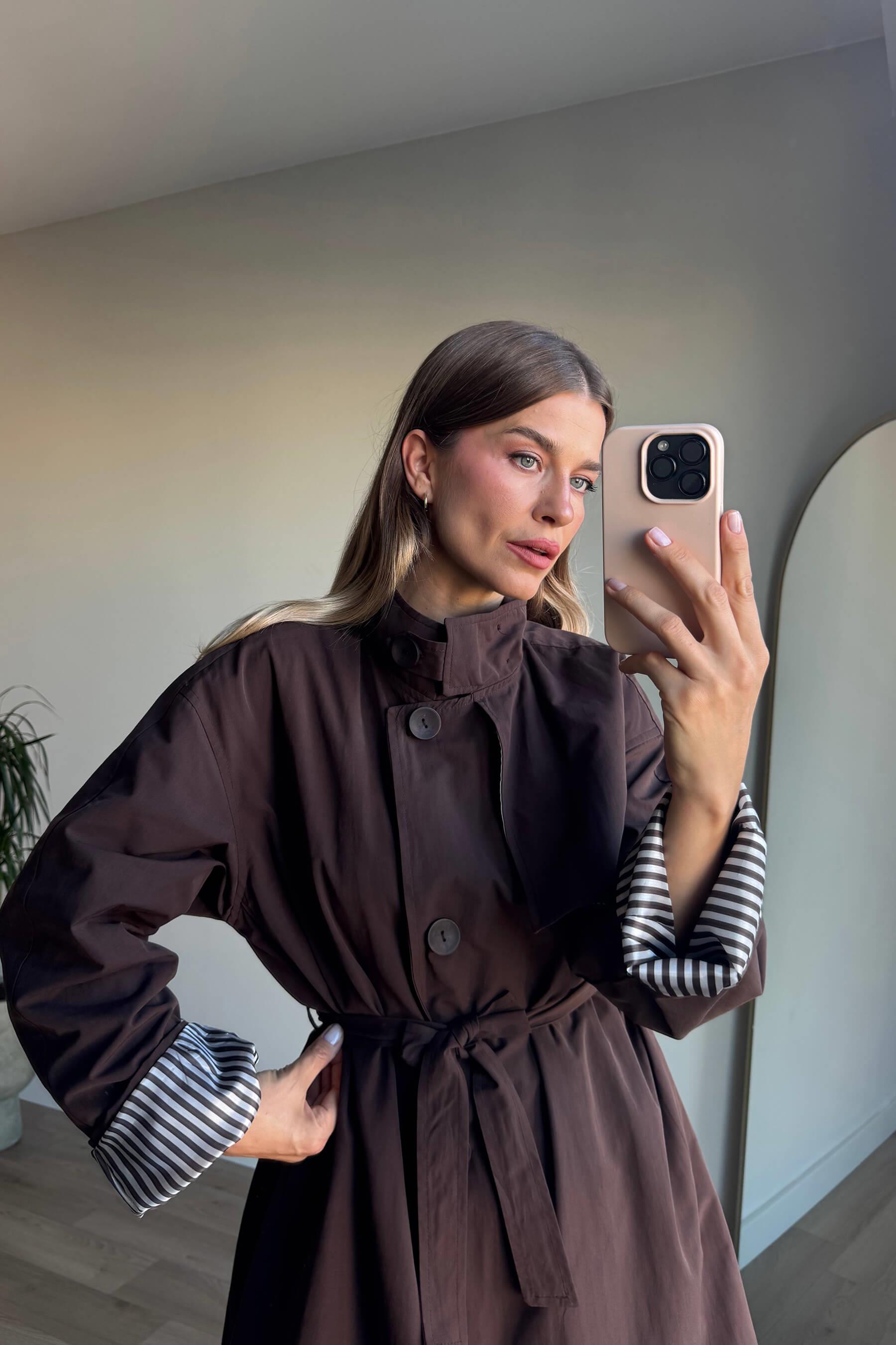 Koyu Kahve Kuşaklı Astarlı Maxi Boy Oversize Trençkot