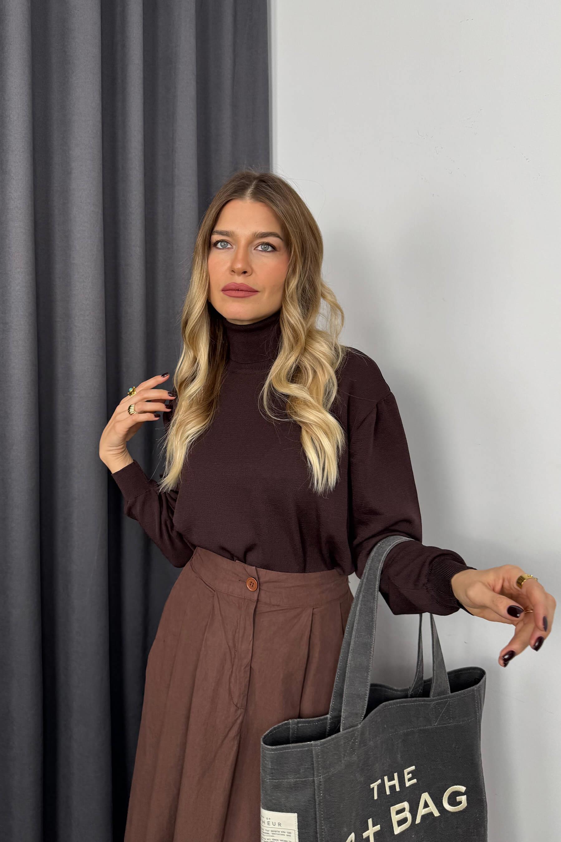 Koyu Kahve Merserize Boğazlı Premium Kazak