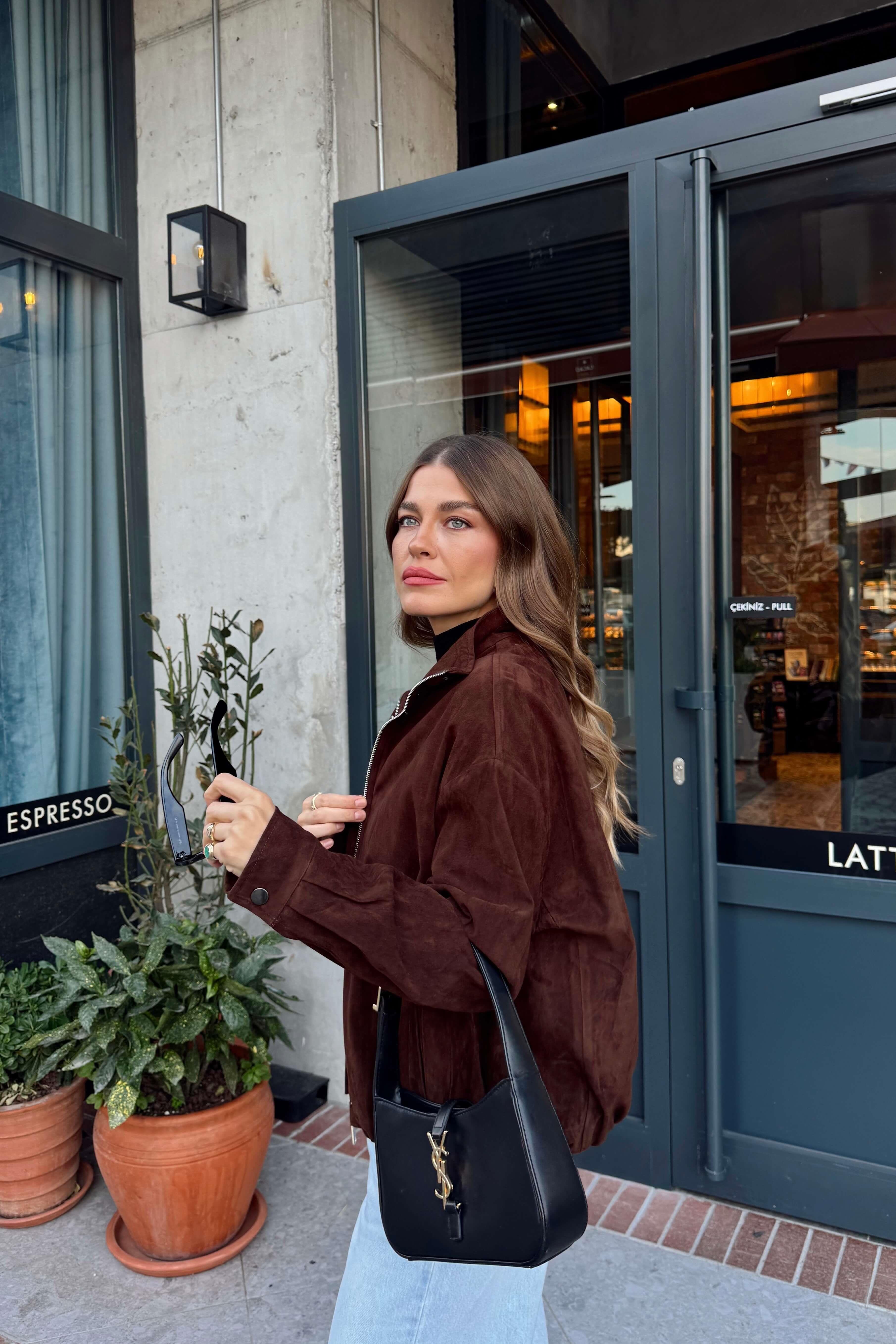 Koyu Kahverengi Beli Lastikli Astarlı Dik Yaka Süet Ceket