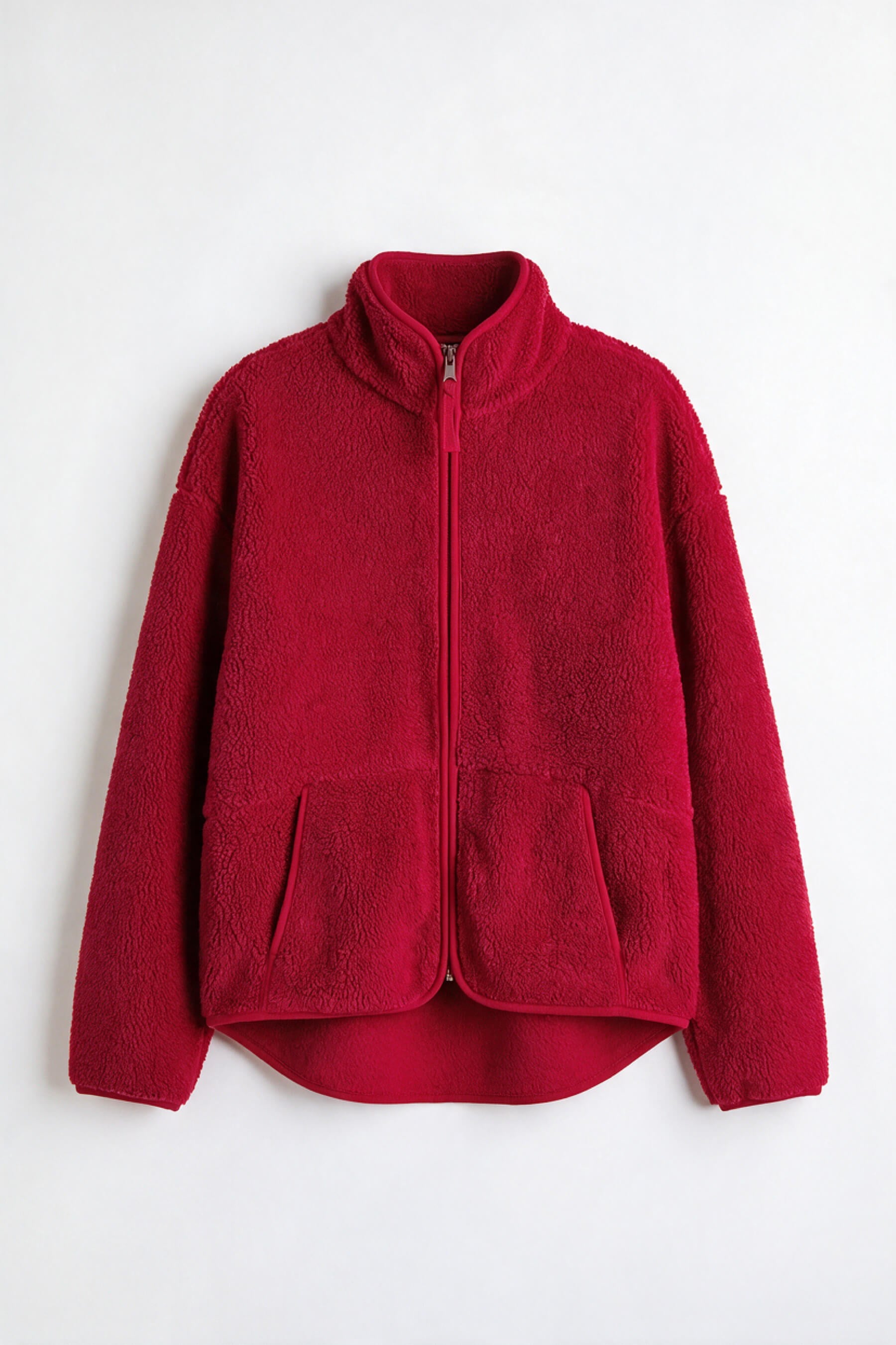 Koyu Kırmızı Fermuarlı Oversize Peluş Sweatshirt
