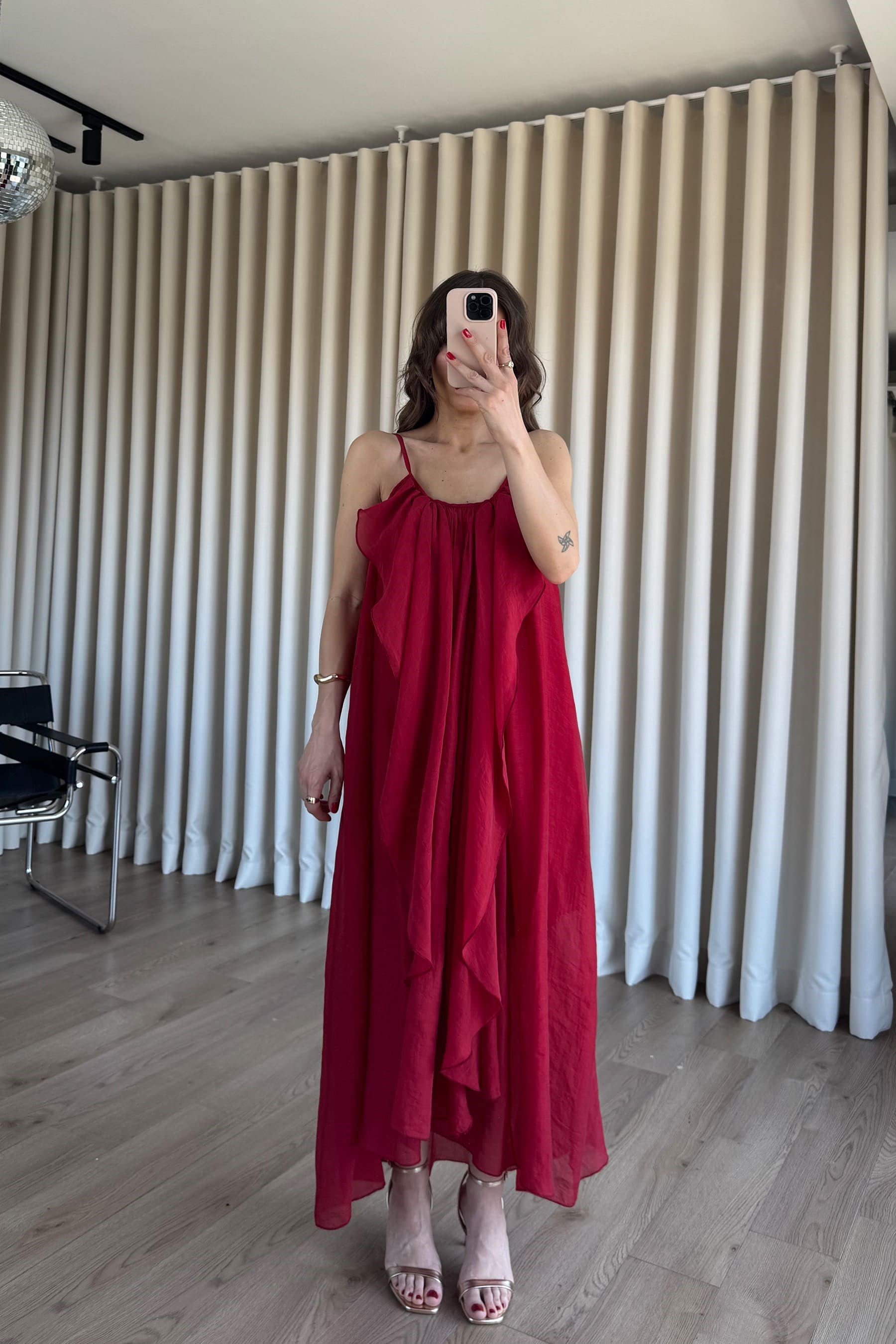 Koyu Kırmızı Volanlı Astarlı İp Askılı Oversize Elbise