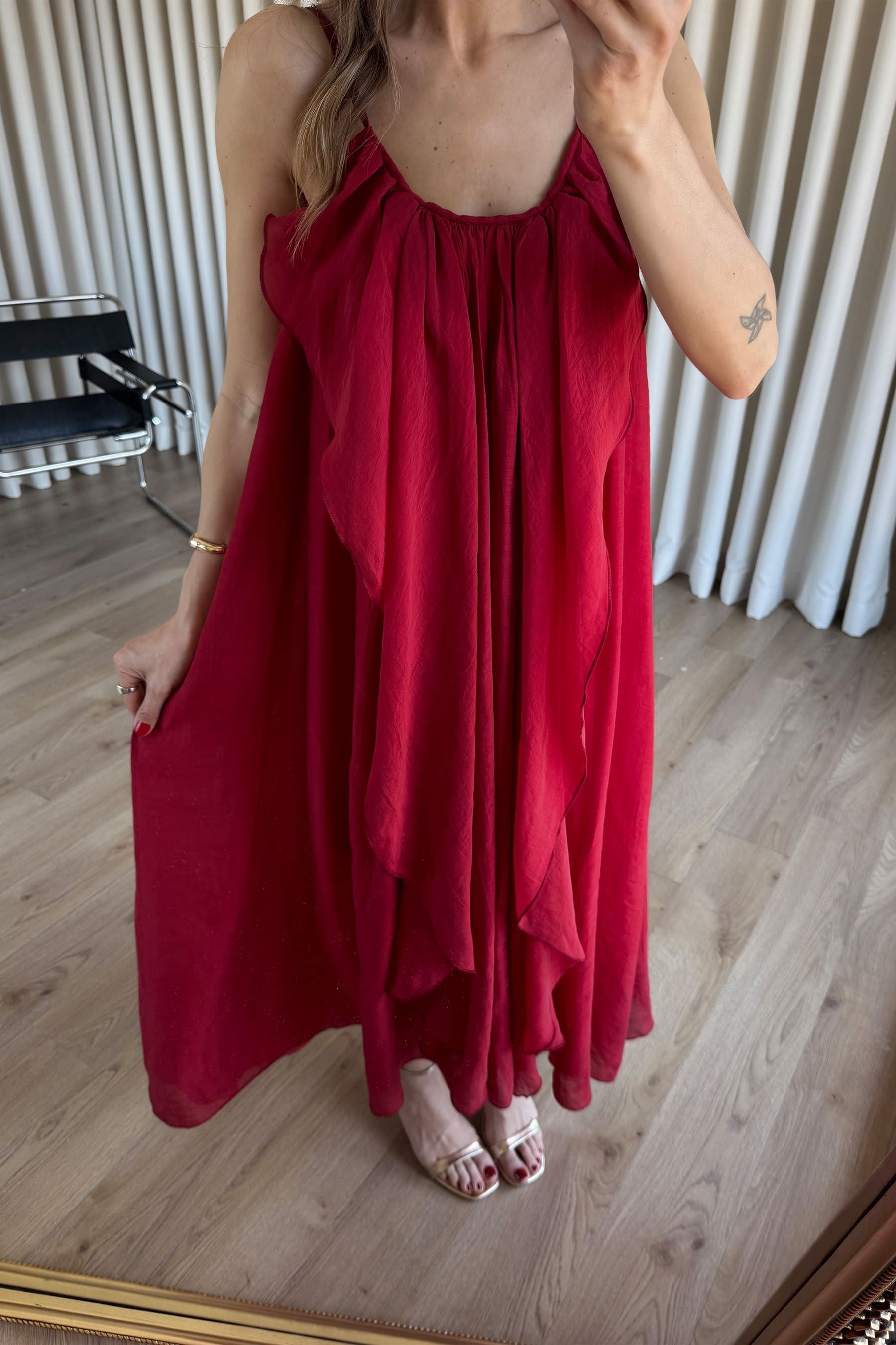 Koyu Kırmızı Volanlı Astarlı İp Askılı Oversize Elbise