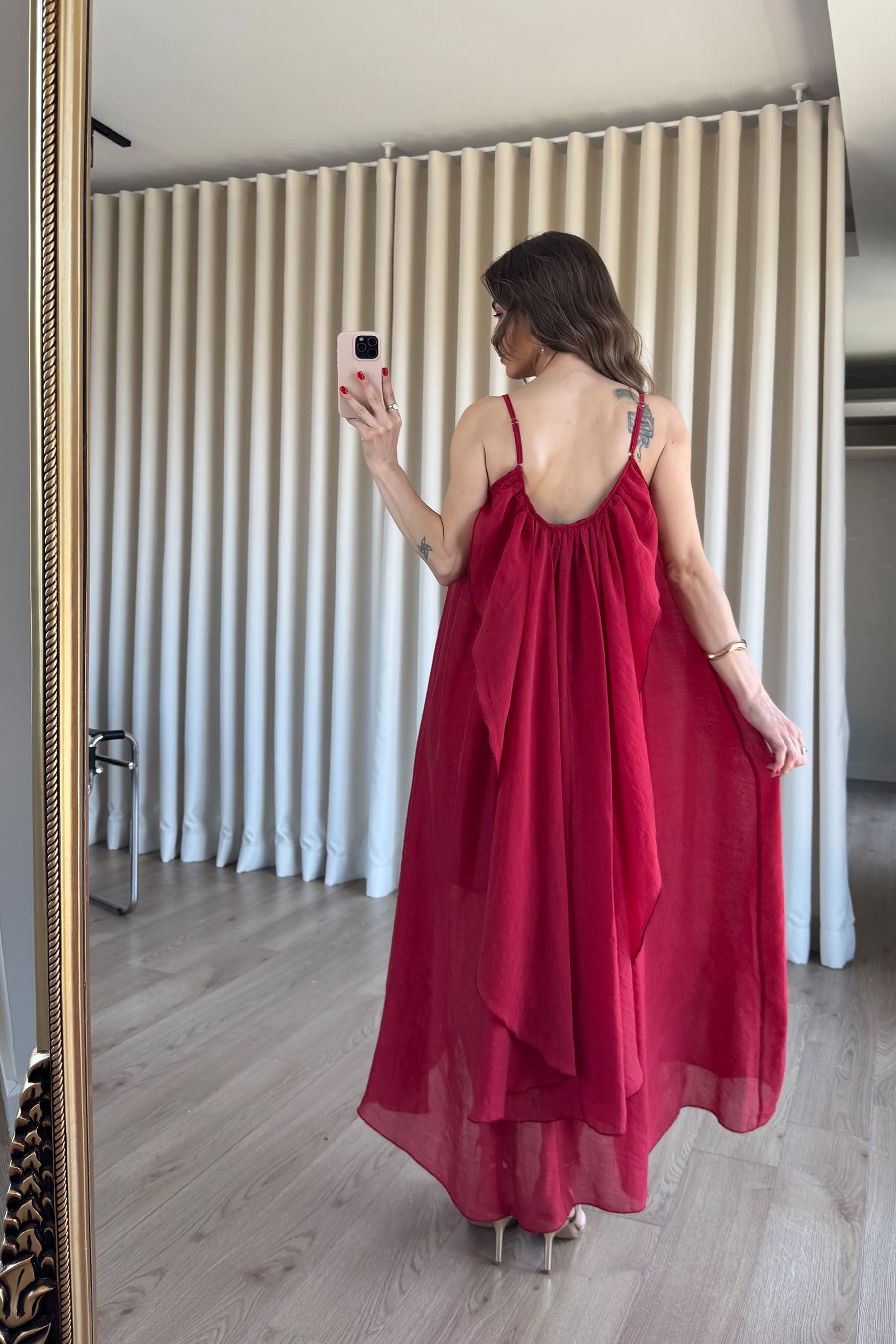 Koyu Kırmızı Volanlı Astarlı İp Askılı Oversize Elbise