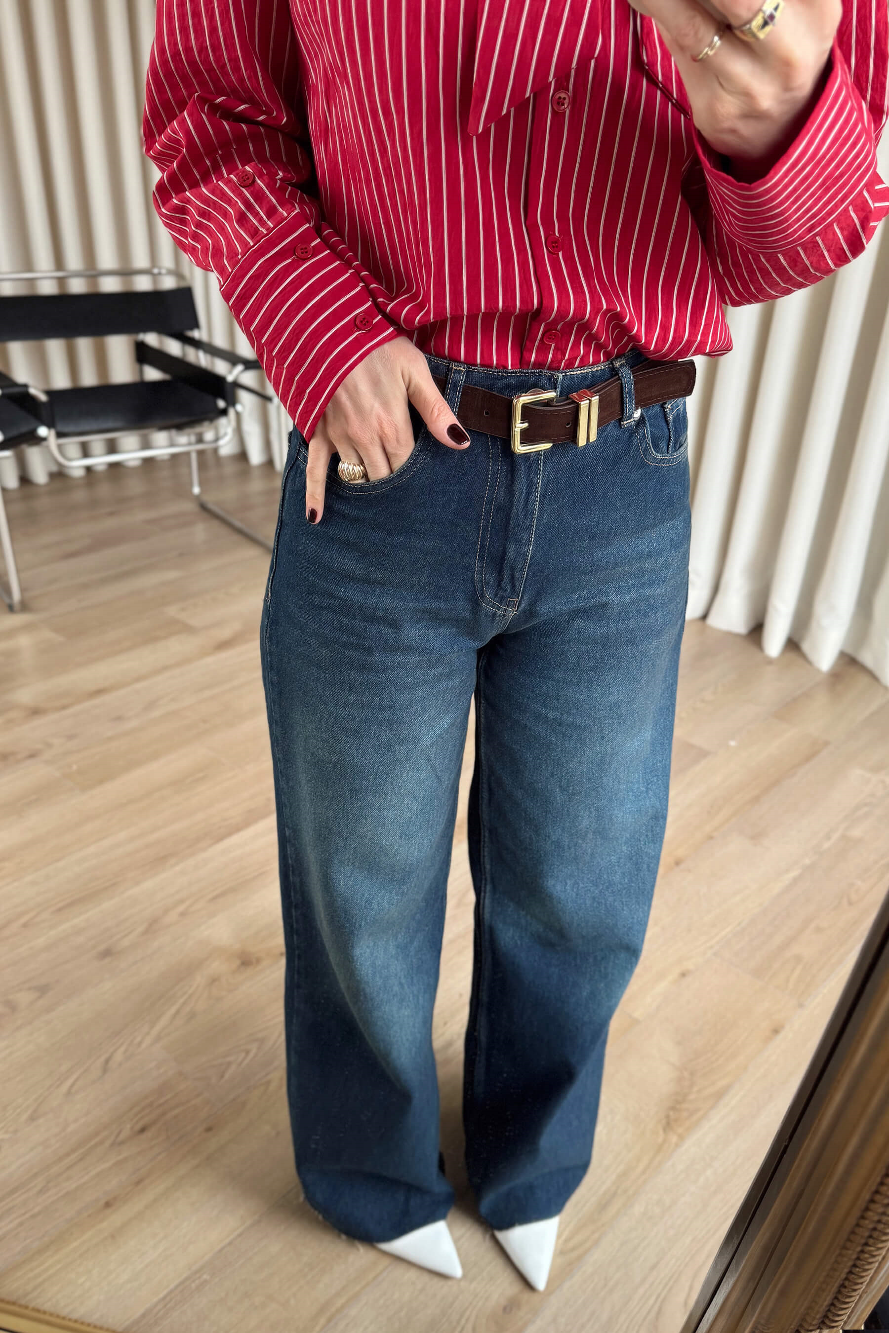 Koyu Mavi Kemerli Bol Paça Premium Jean