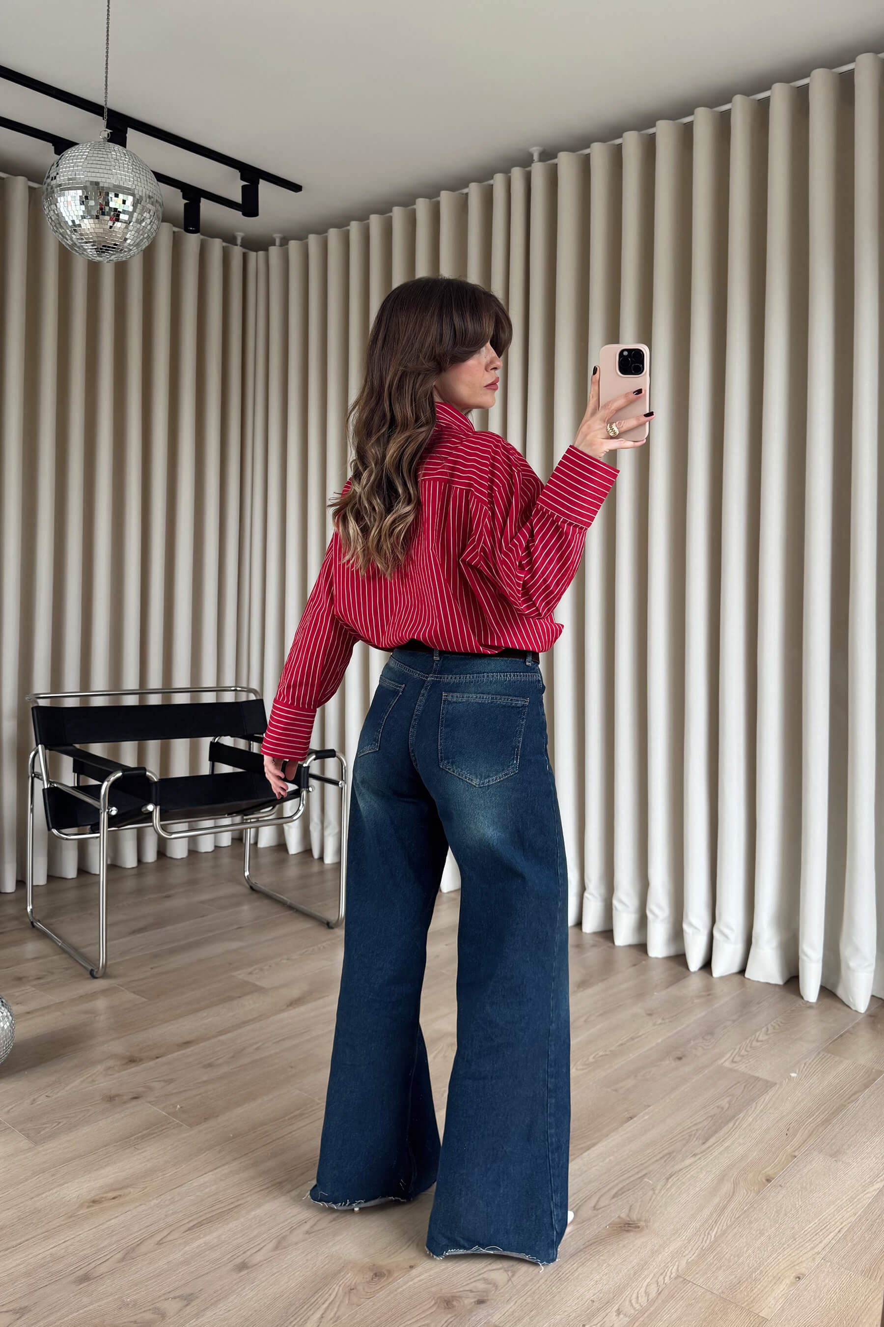 Koyu Mavi Kemerli Bol Paça Premium Jean