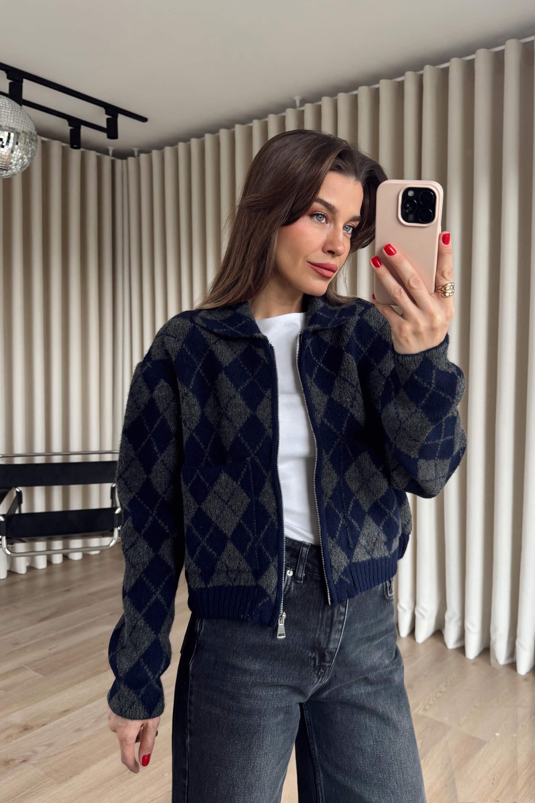 Lacivert Antrasit Baklava Desenli Fermuarlı Triko Hırka