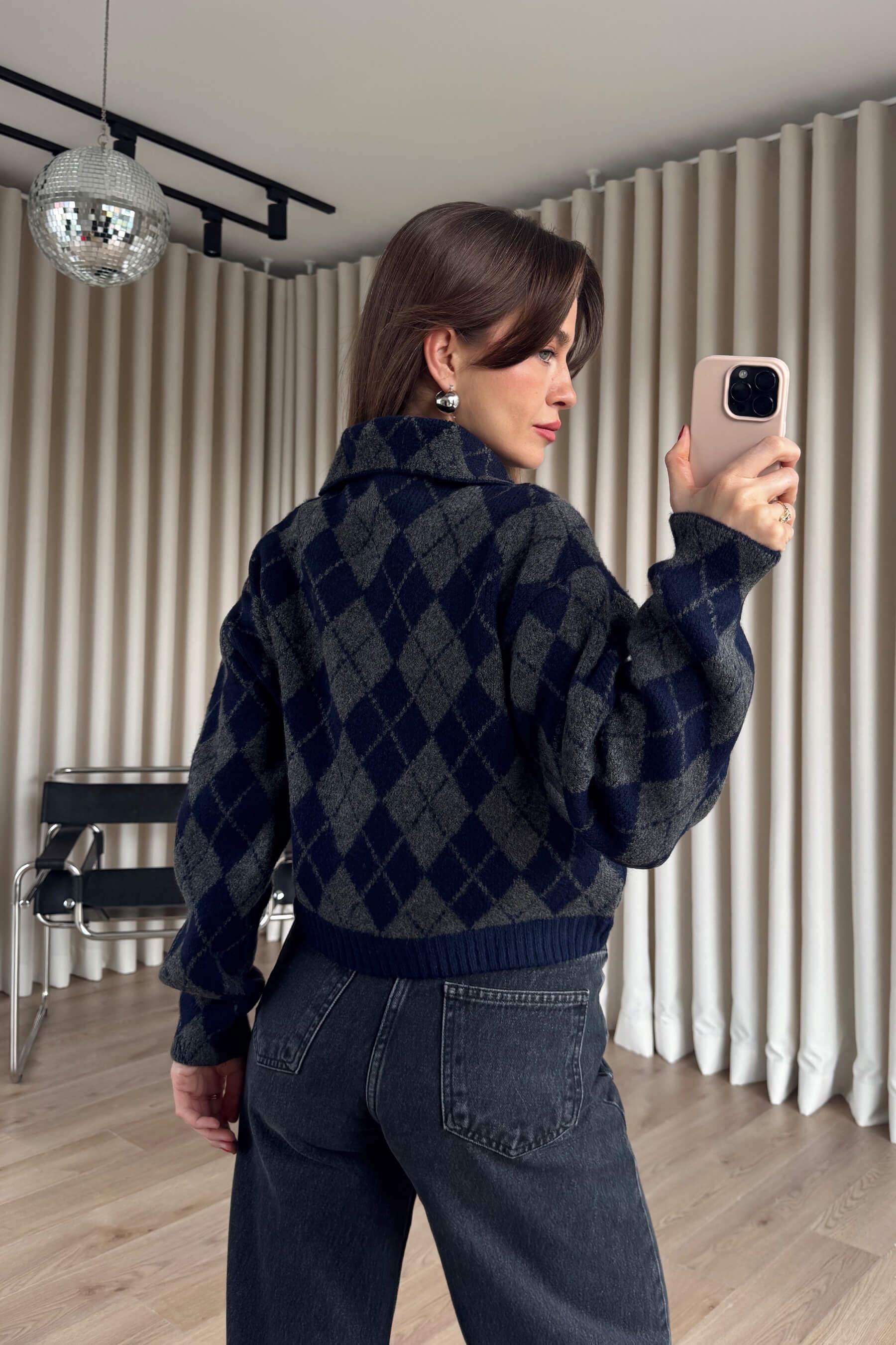 Lacivert Antrasit Baklava Desenli Fermuarlı Triko Hırka