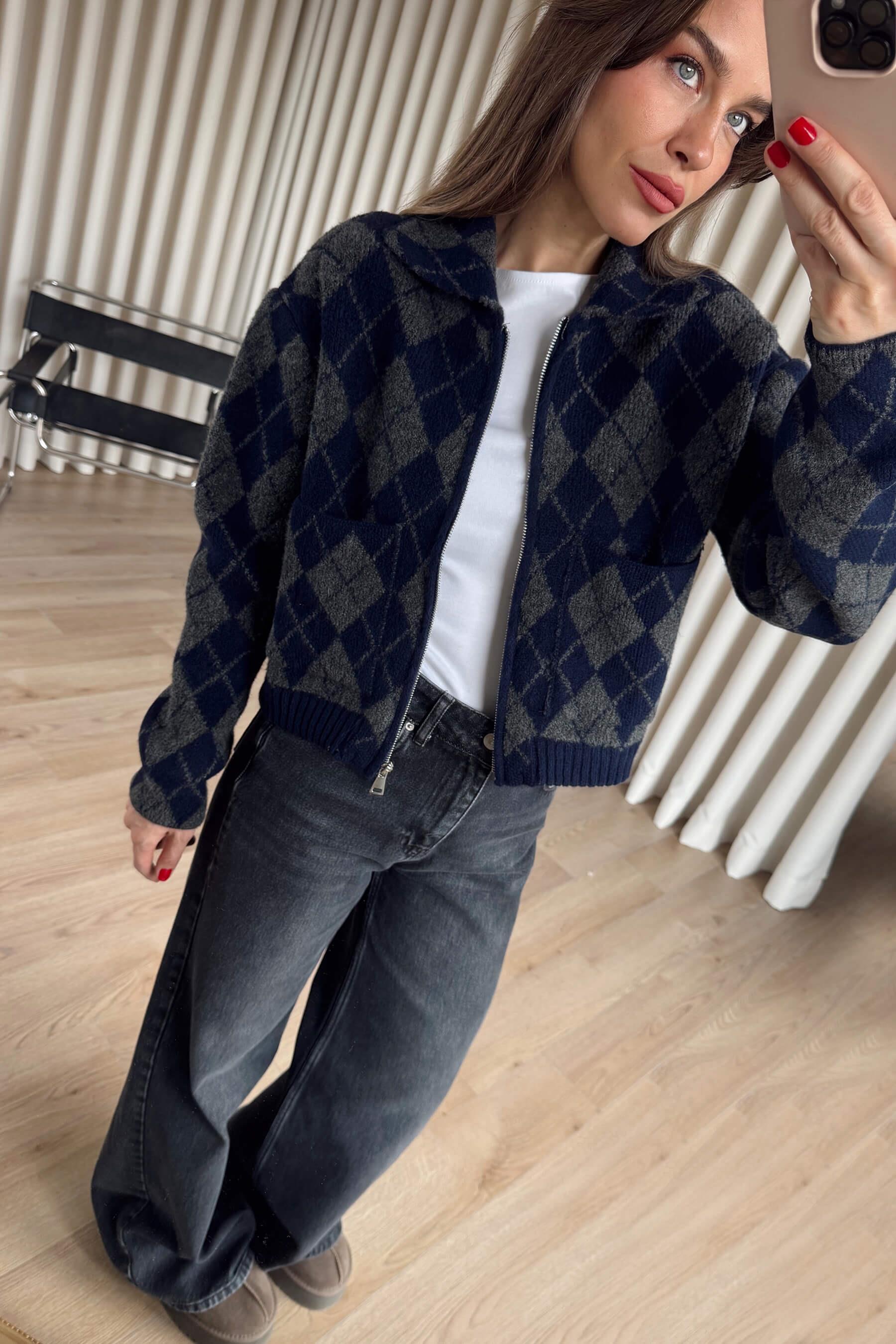 Lacivert Antrasit Baklava Desenli Fermuarlı Triko Hırka