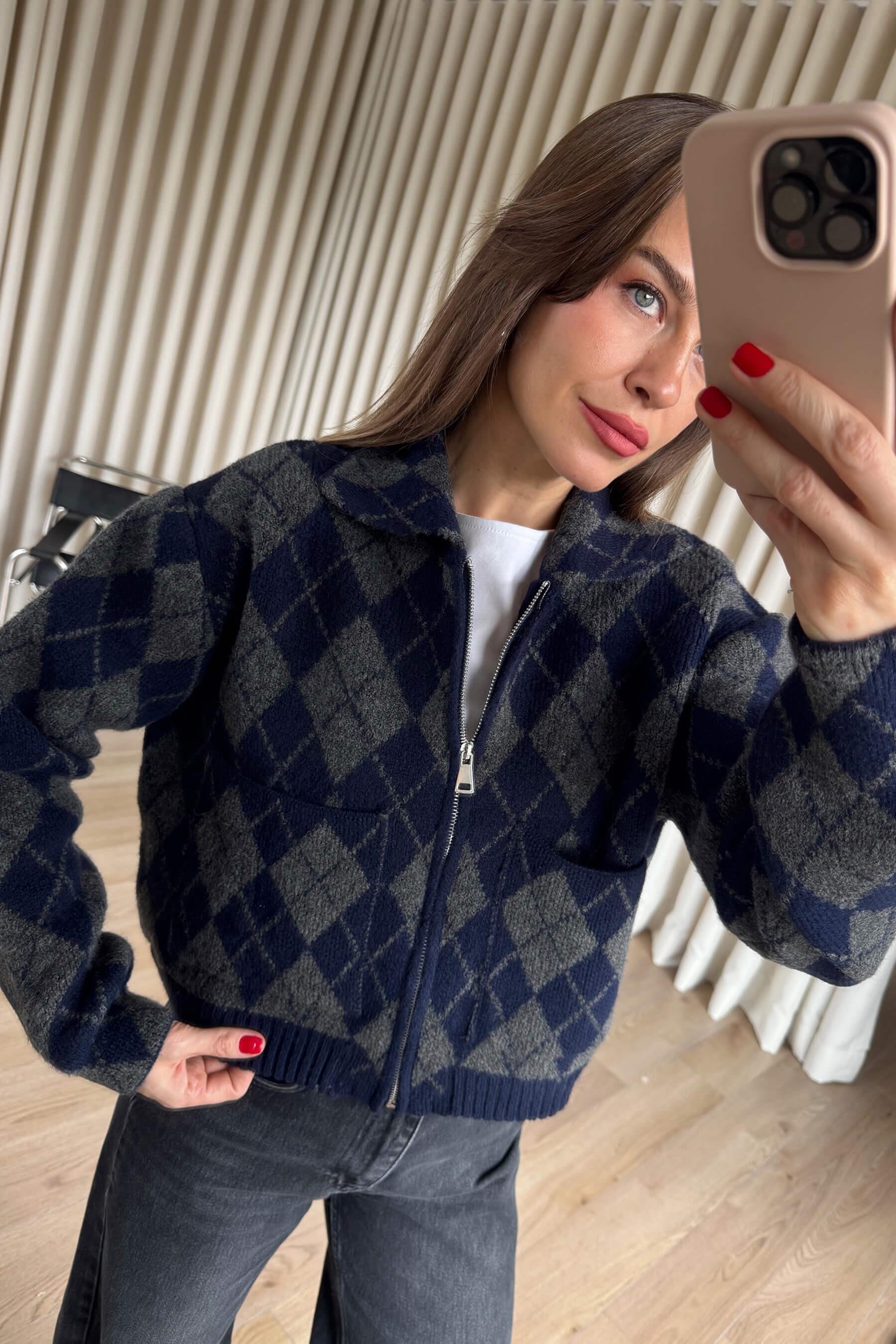 Lacivert Antrasit Baklava Desenli Fermuarlı Triko Hırka