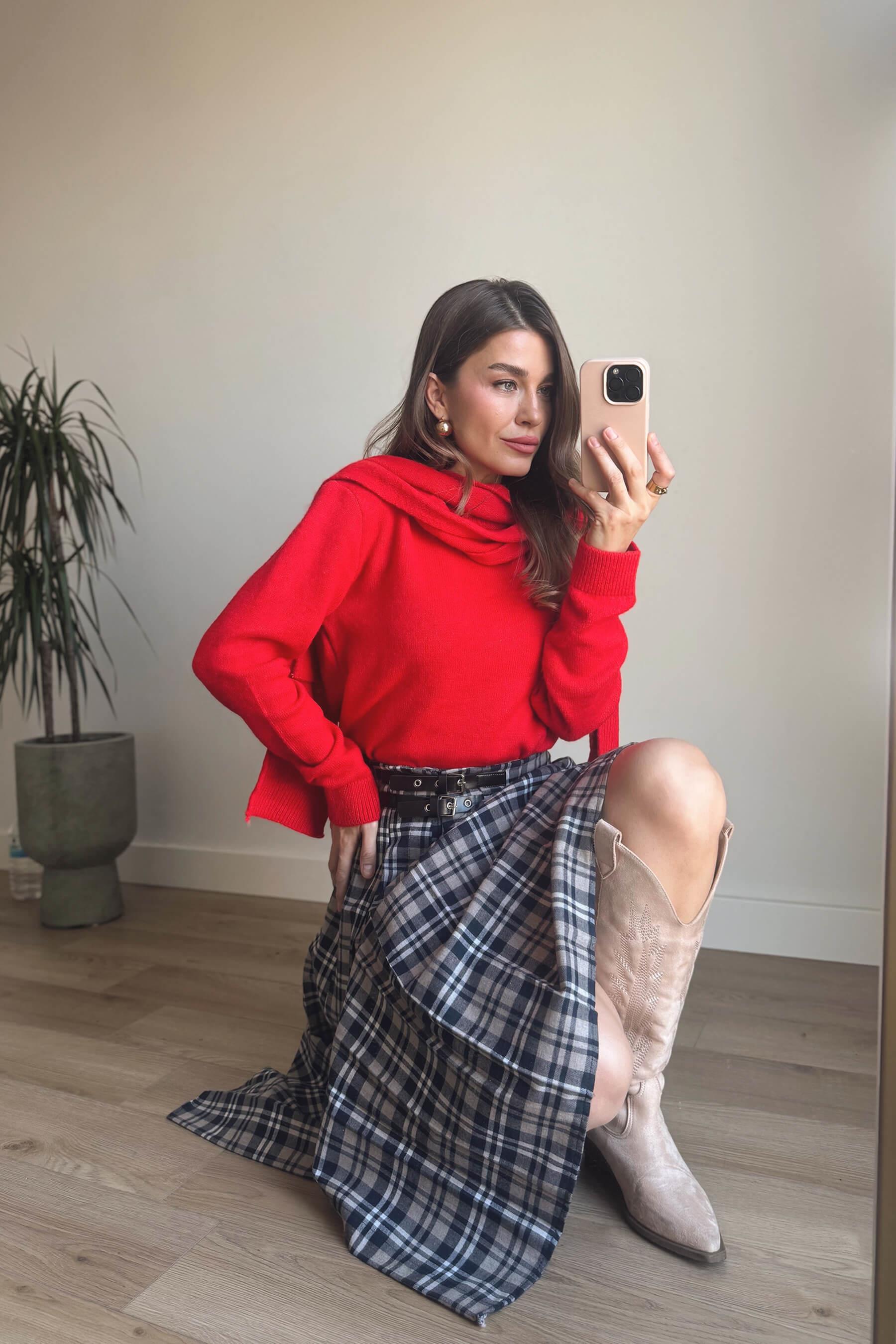 Lacivert Bej Ekoseli Yandan Yırtmaçlı Etek