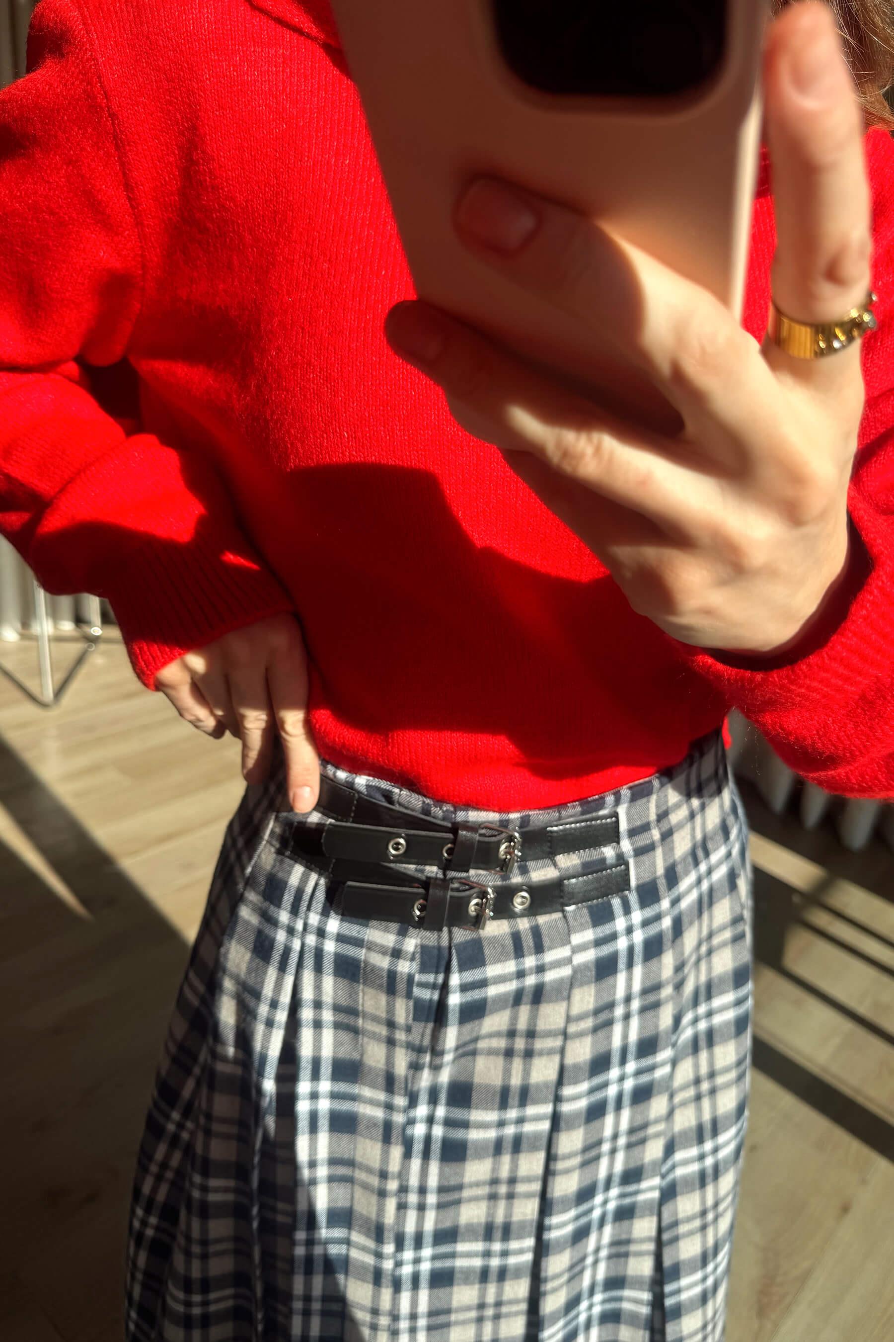 Lacivert Bej Ekoseli Yandan Yırtmaçlı Etek