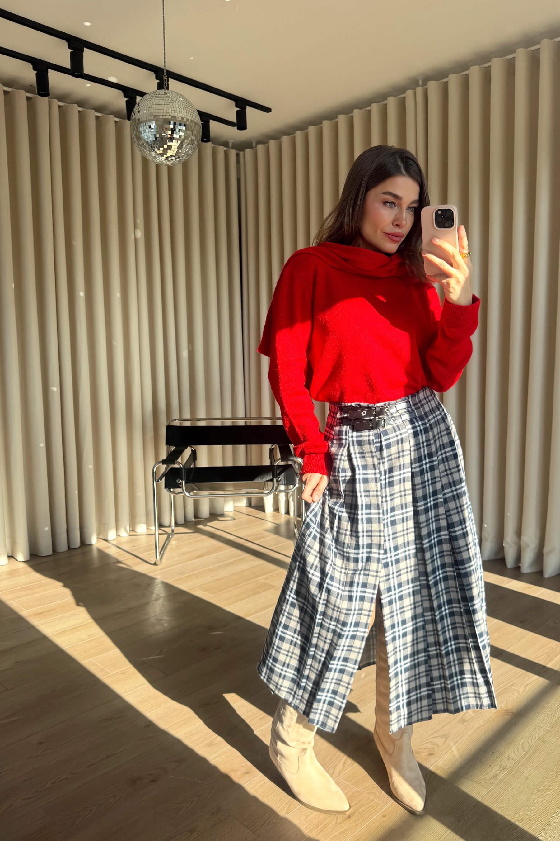 Lacivert Bej Ekoseli Yandan Yırtmaçlı Etek