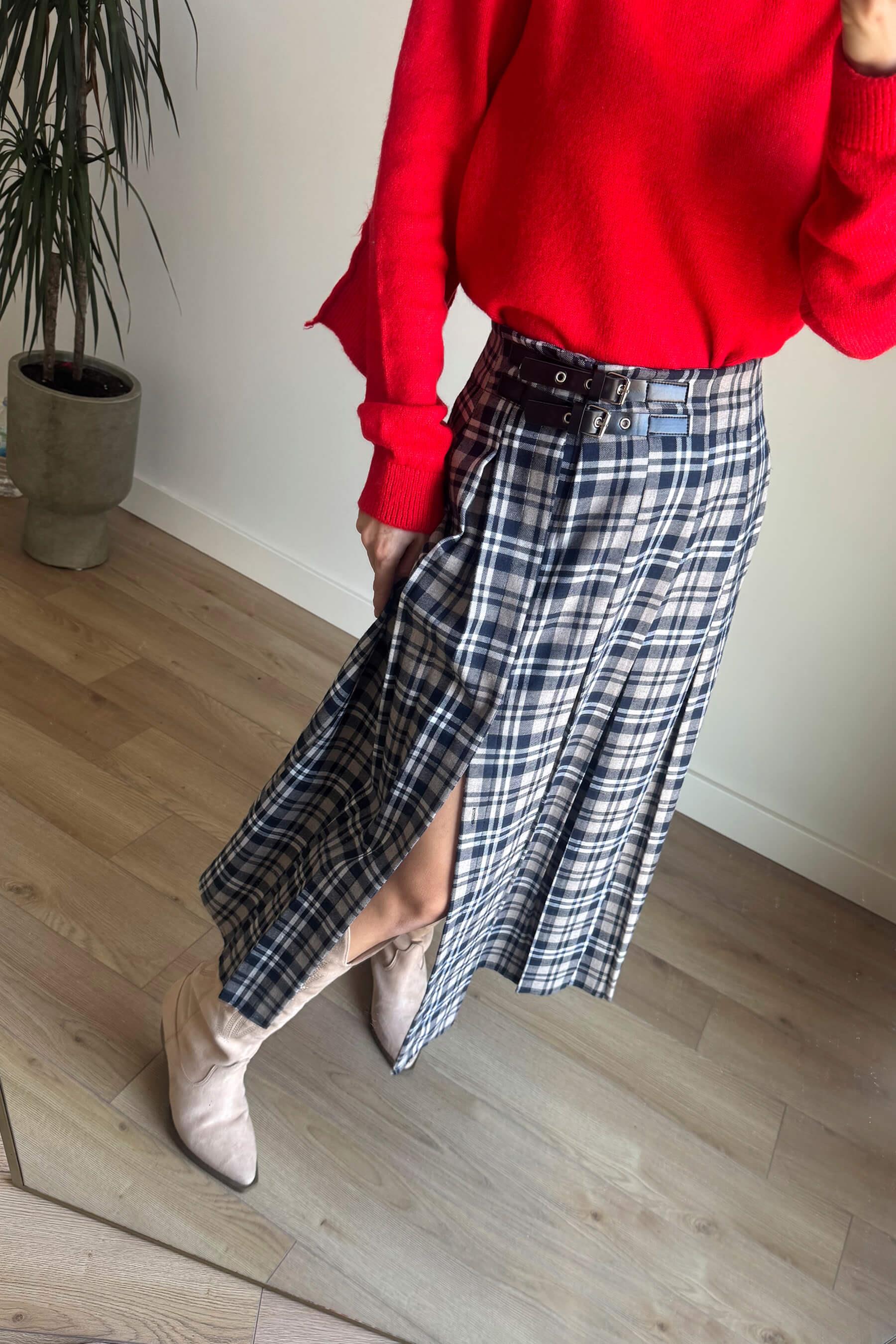 Lacivert Bej Ekoseli Yandan Yırtmaçlı Etek