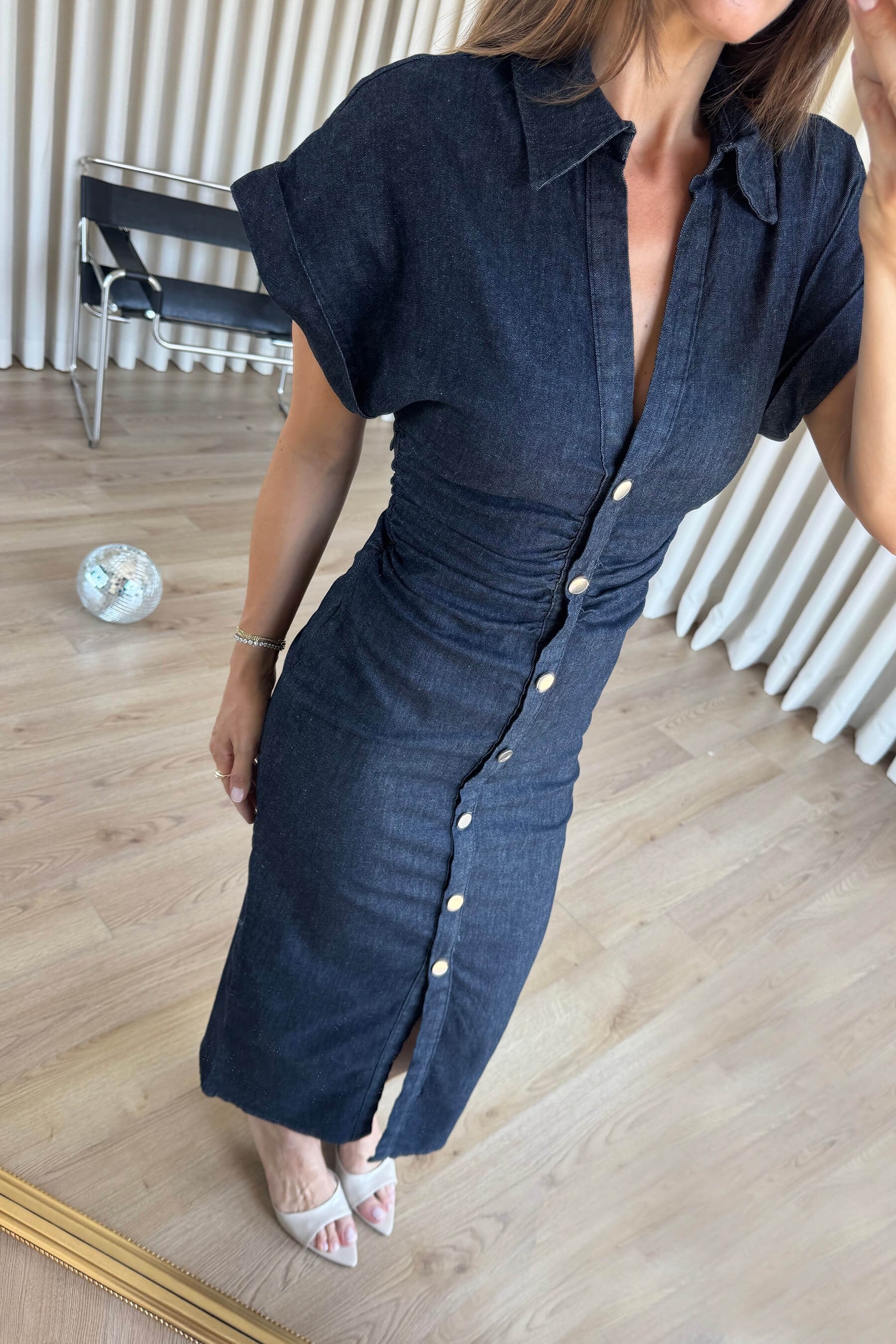 Lacivert Beli Drapeli Kısa Kollu Denim Gömlek Elbise