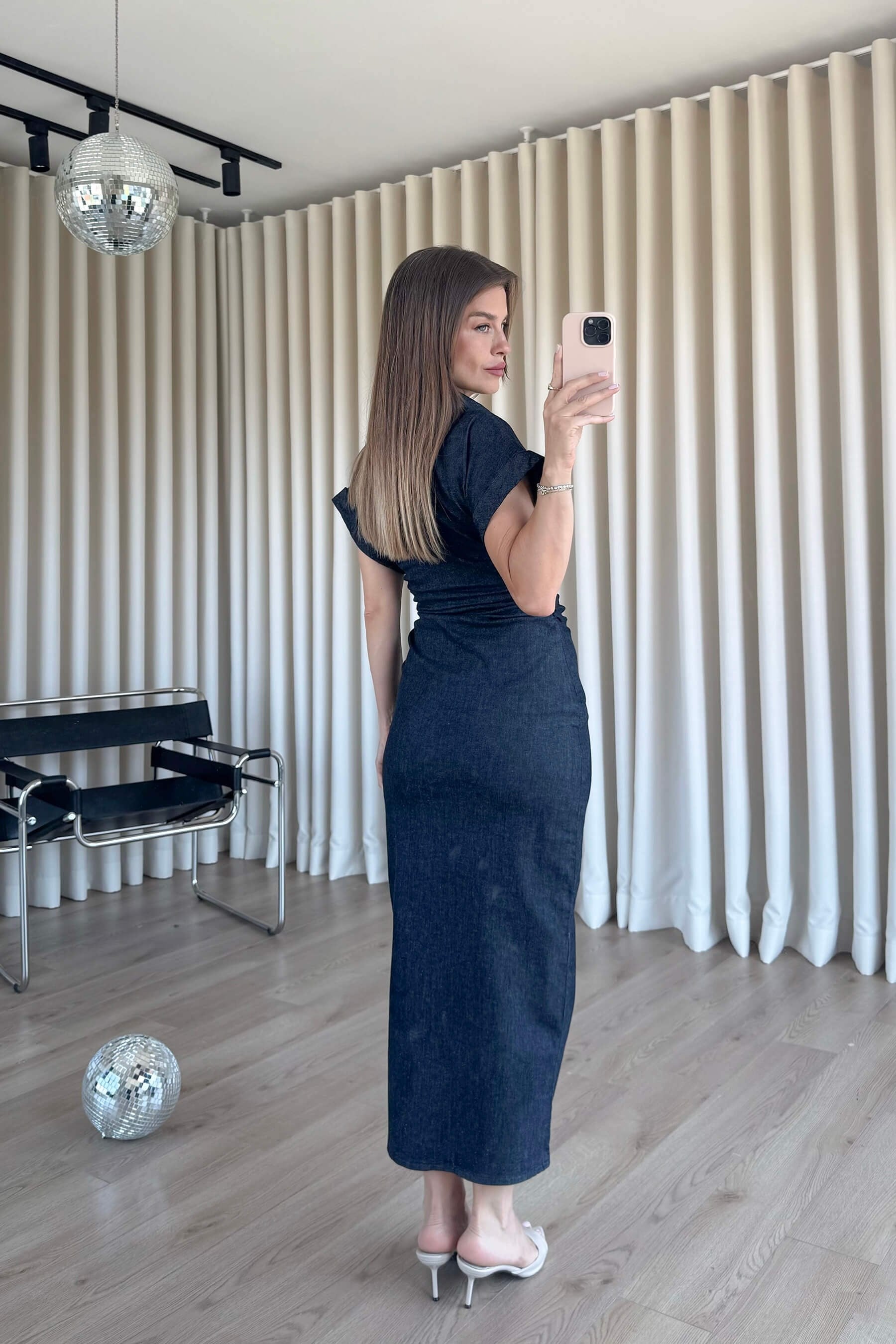 Lacivert Beli Drapeli Kısa Kollu Denim Gömlek Elbise