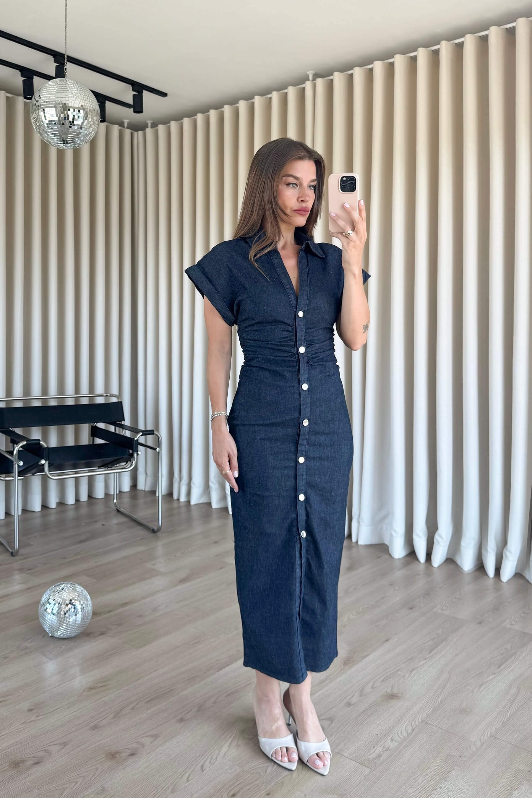 Lacivert Beli Drapeli Kısa Kollu Denim Gömlek Elbise