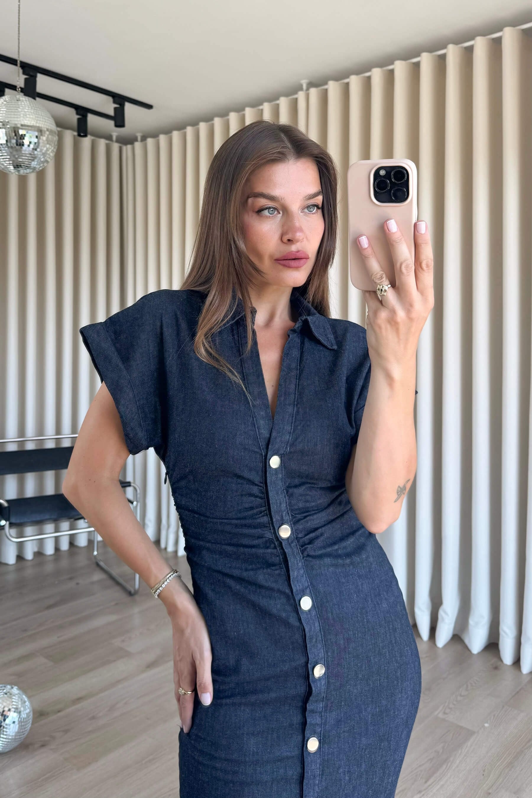 Lacivert Beli Drapeli Kısa Kollu Denim Gömlek Elbise