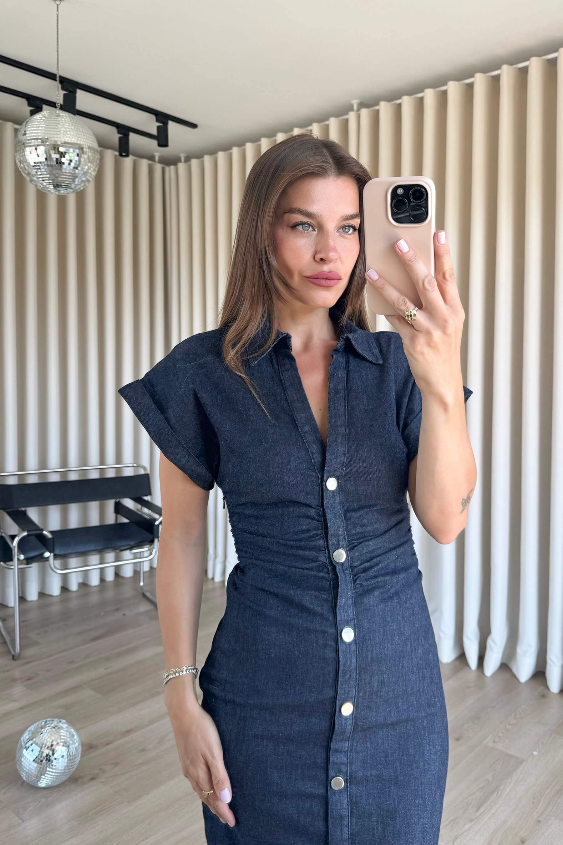 Lacivert Beli Drapeli Kısa Kollu Denim Gömlek Elbise