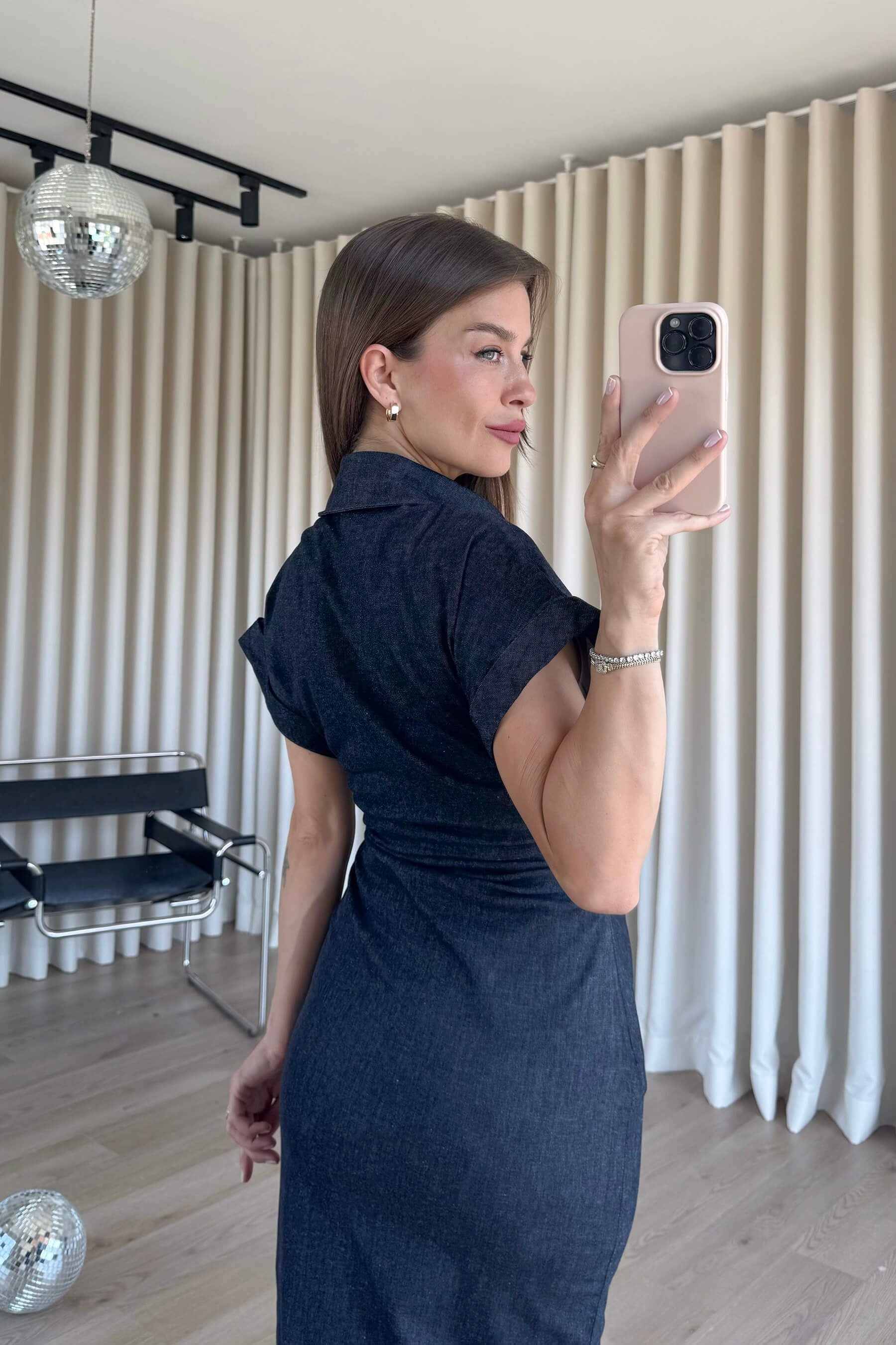 Lacivert Beli Drapeli Kısa Kollu Denim Gömlek Elbise