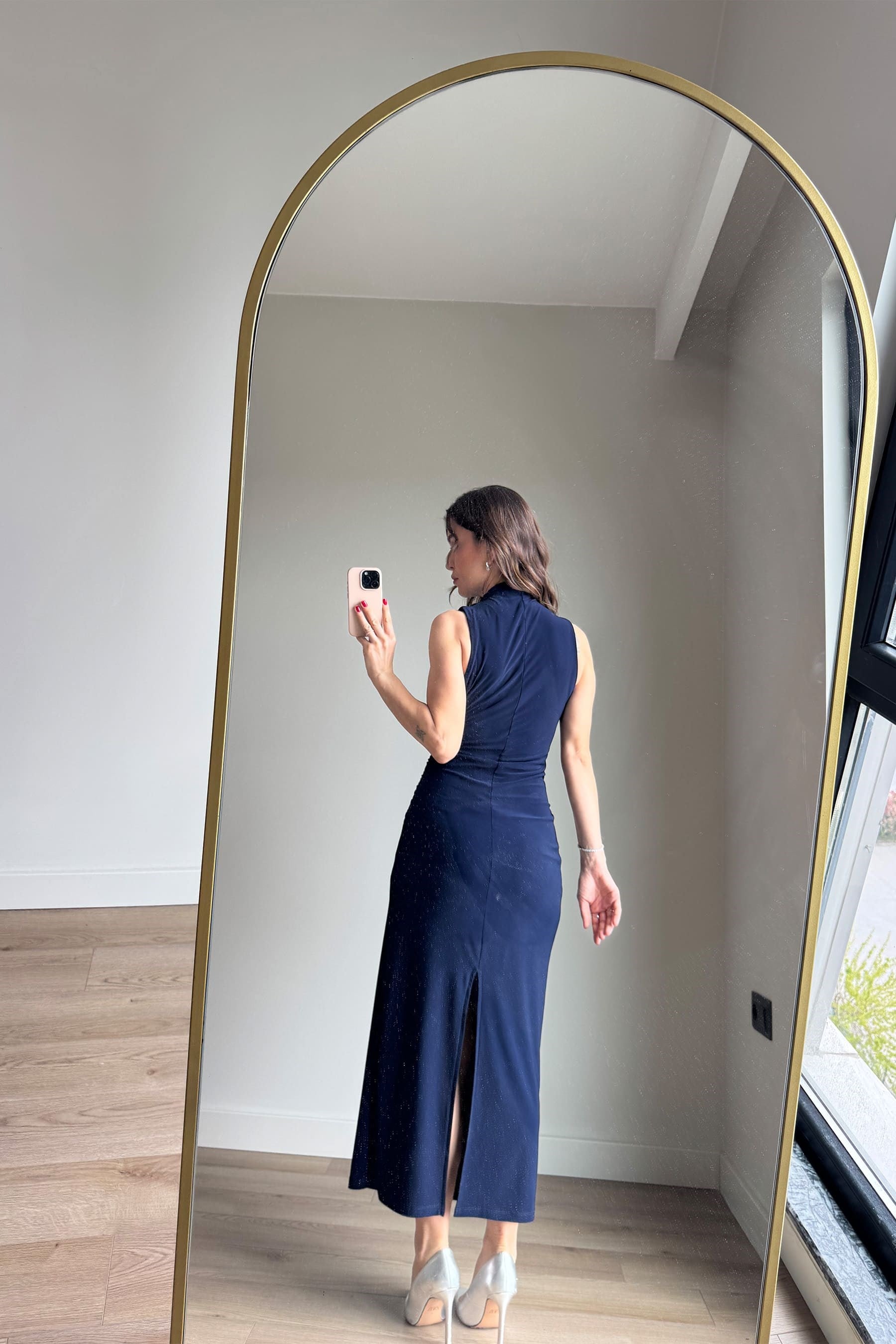 Lacivert Beli Drapeli Sıfır Kollu Yırtmaçlı Maxi Boy Elbise