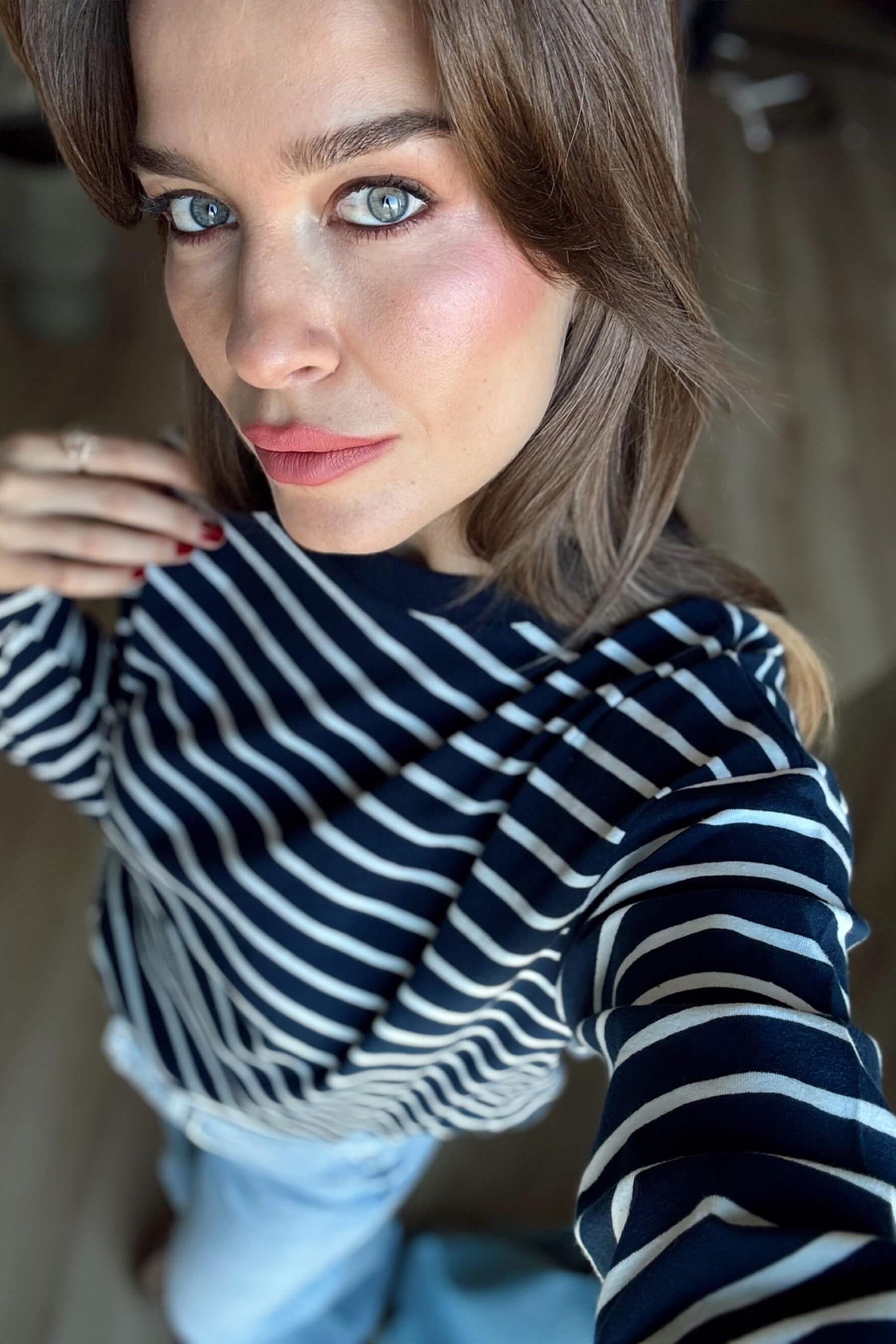 Lacivert Beyaz Çizgili Bisiklet Yaka Premium İnce Sweat