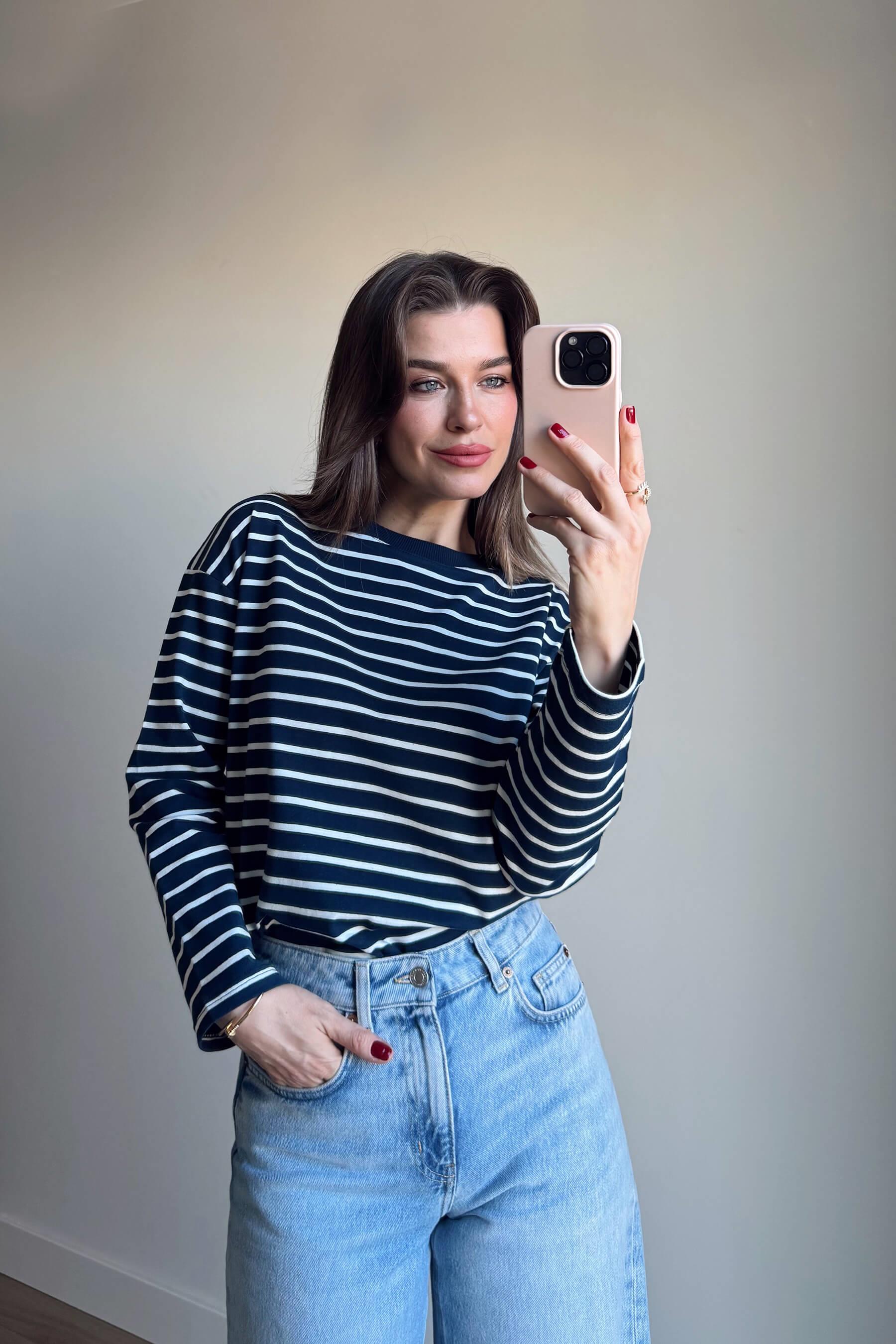 Lacivert Beyaz Çizgili Bisiklet Yaka Premium İnce Sweat